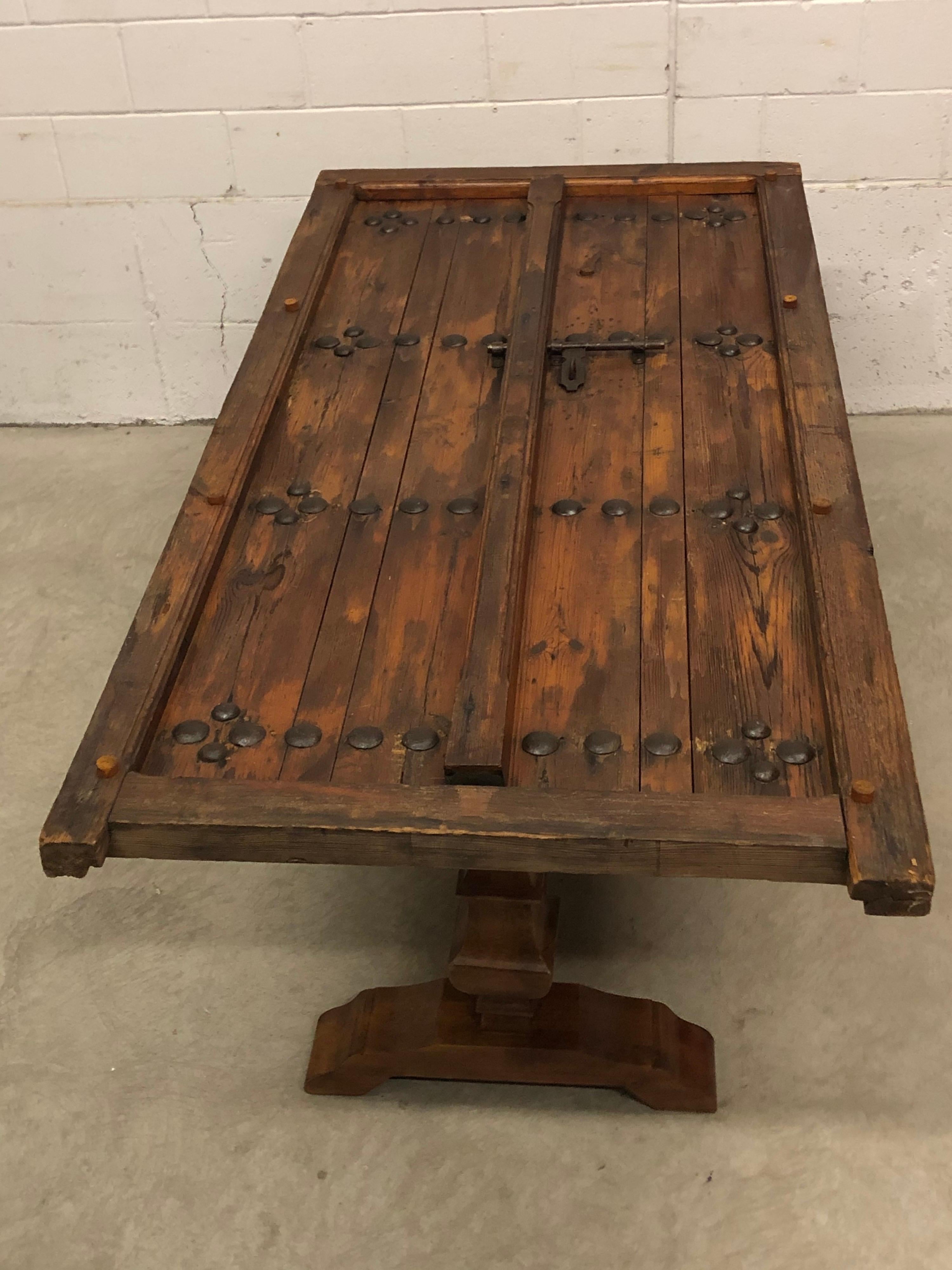 Vintage Gothic Recycled Door Dining Table with Glass Top 3