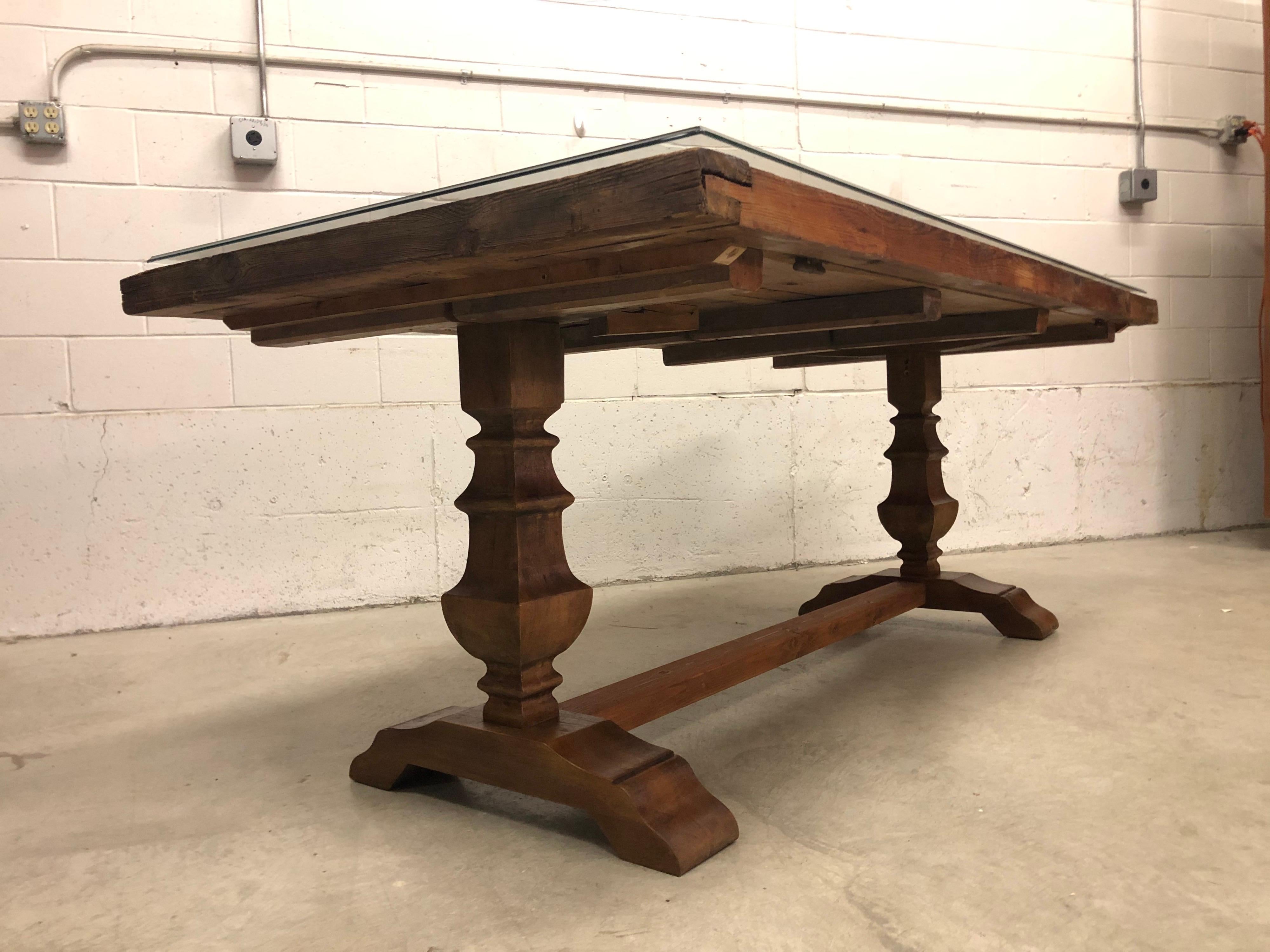Vintage Gothic Recycled Door Dining Table with Glass Top In Good Condition In Amherst, NH