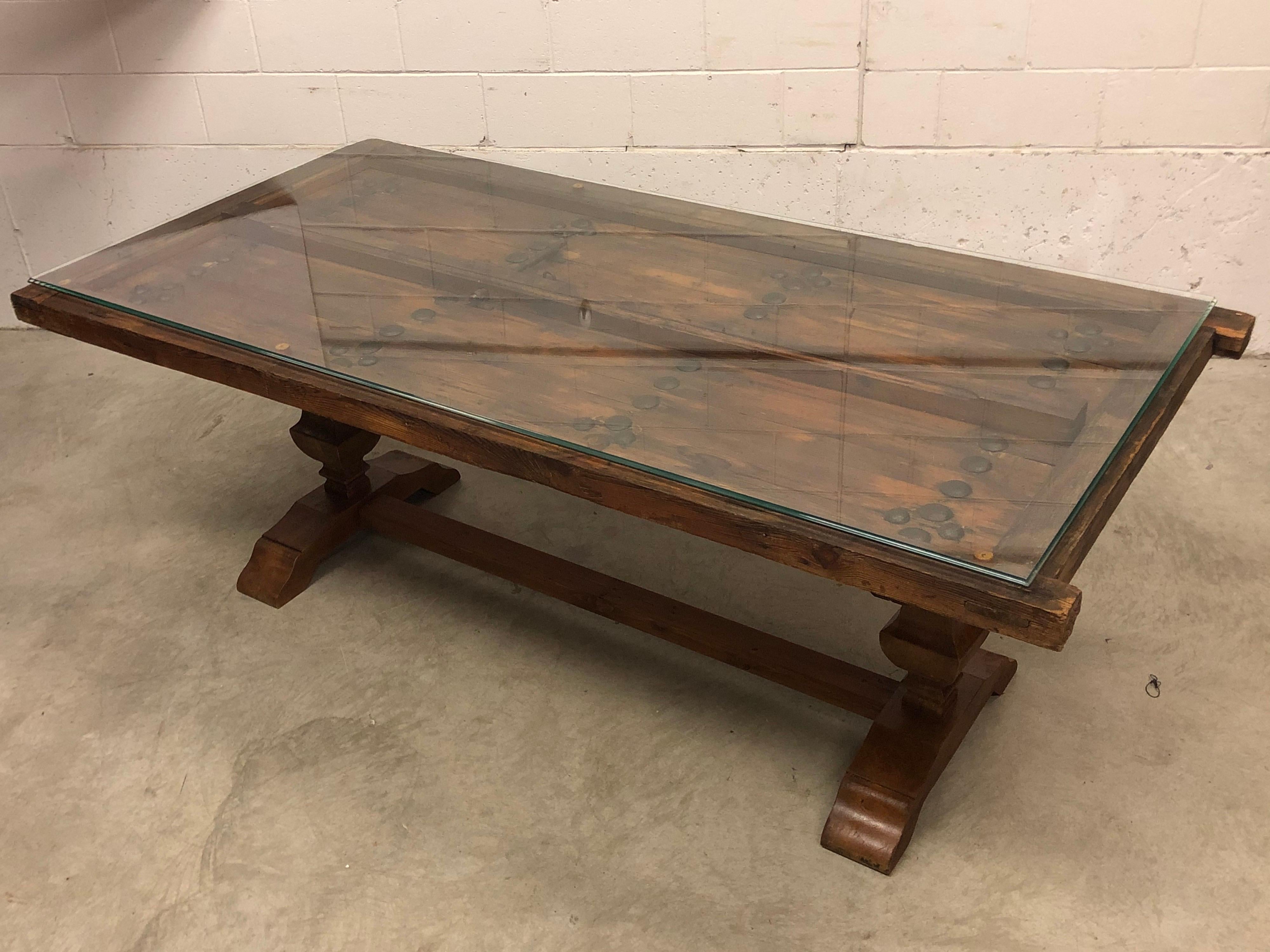 Vintage Gothic Recycled Door Dining Table with Glass Top 2
