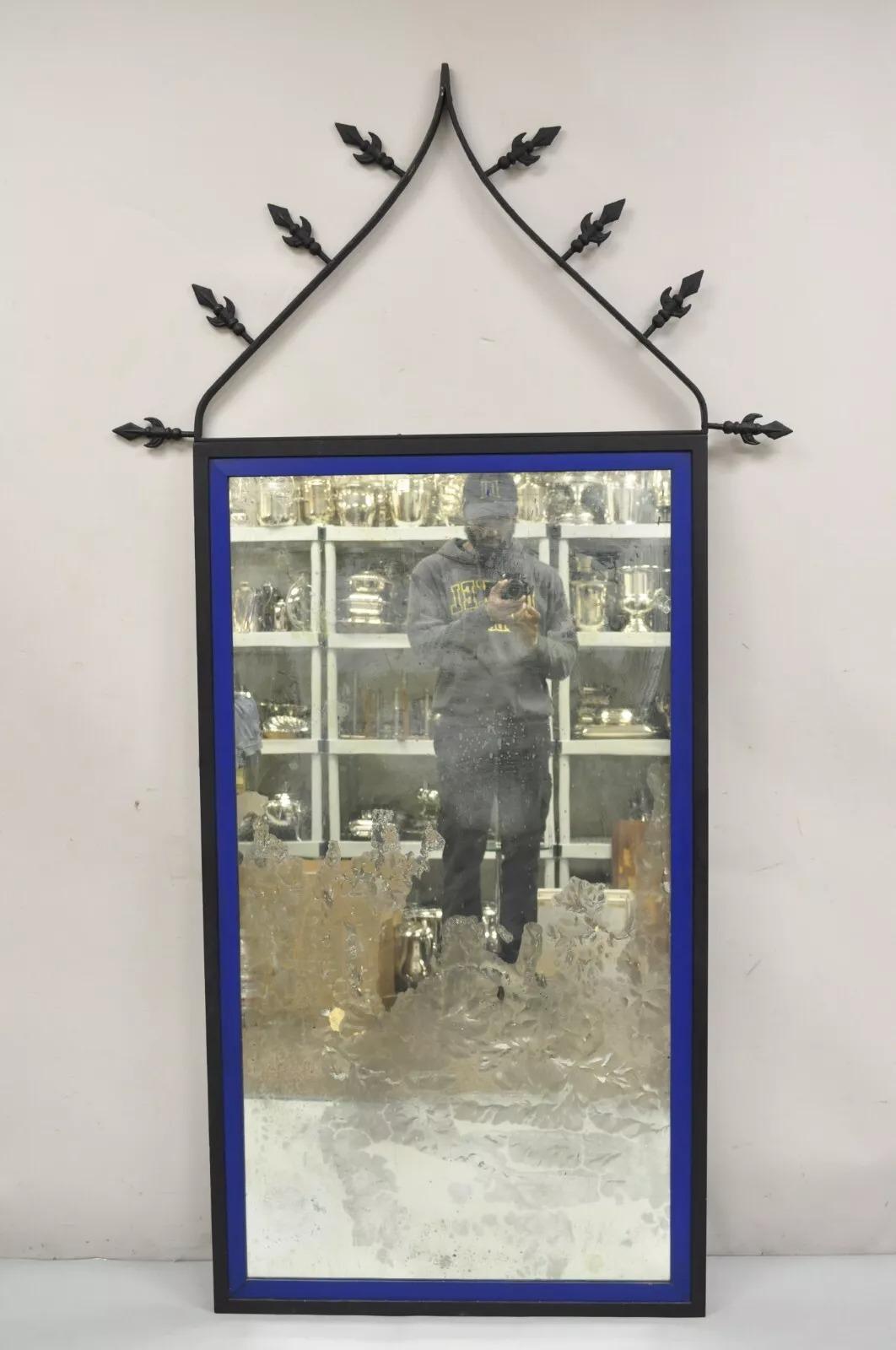 Vintage Gothic Renaissance Style Large Wrought Iron Metal Arched Wall Mirror with Pointed Top and 