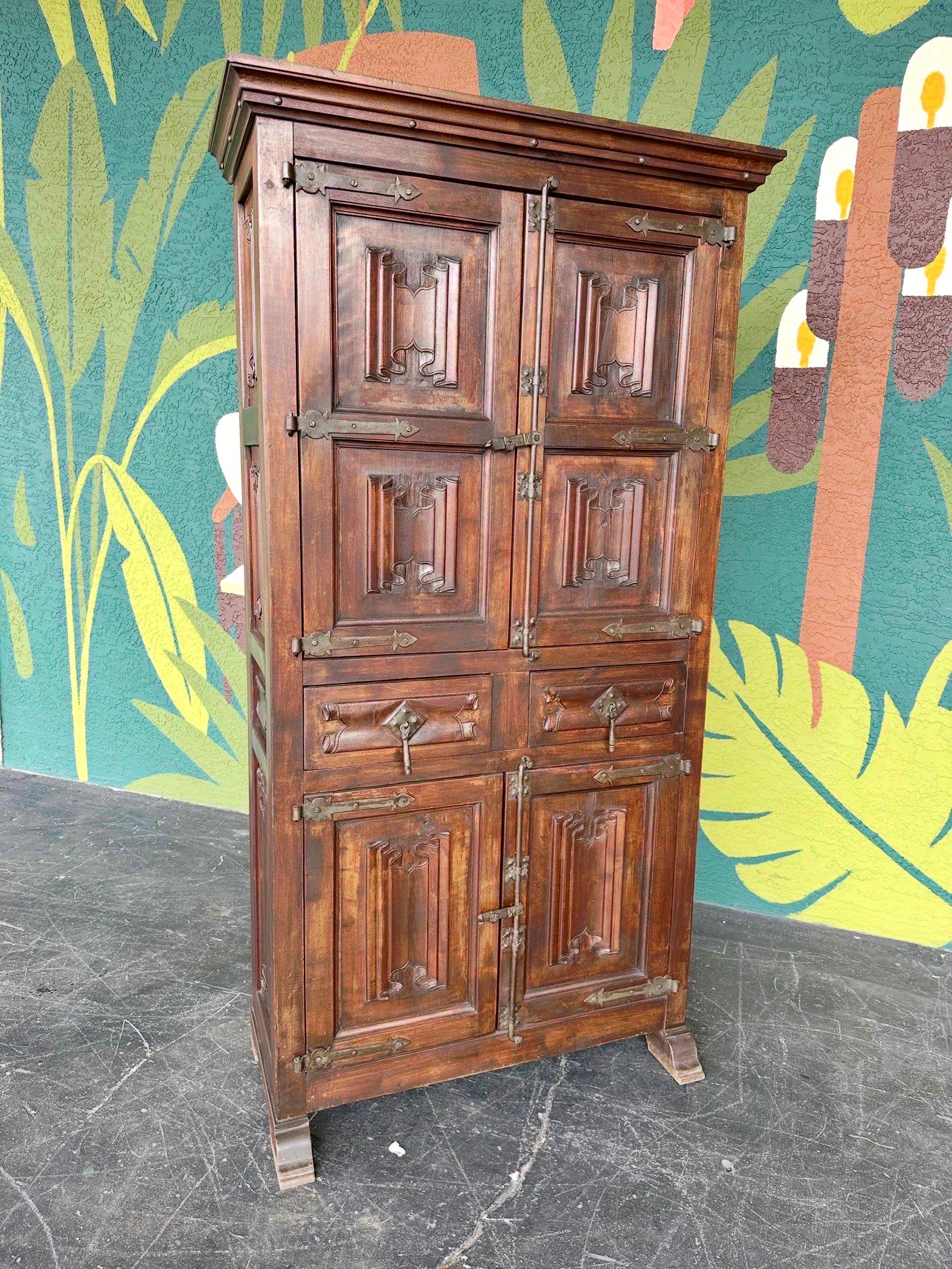 English Vintage Gothic Revival Carved Wood Cabinet