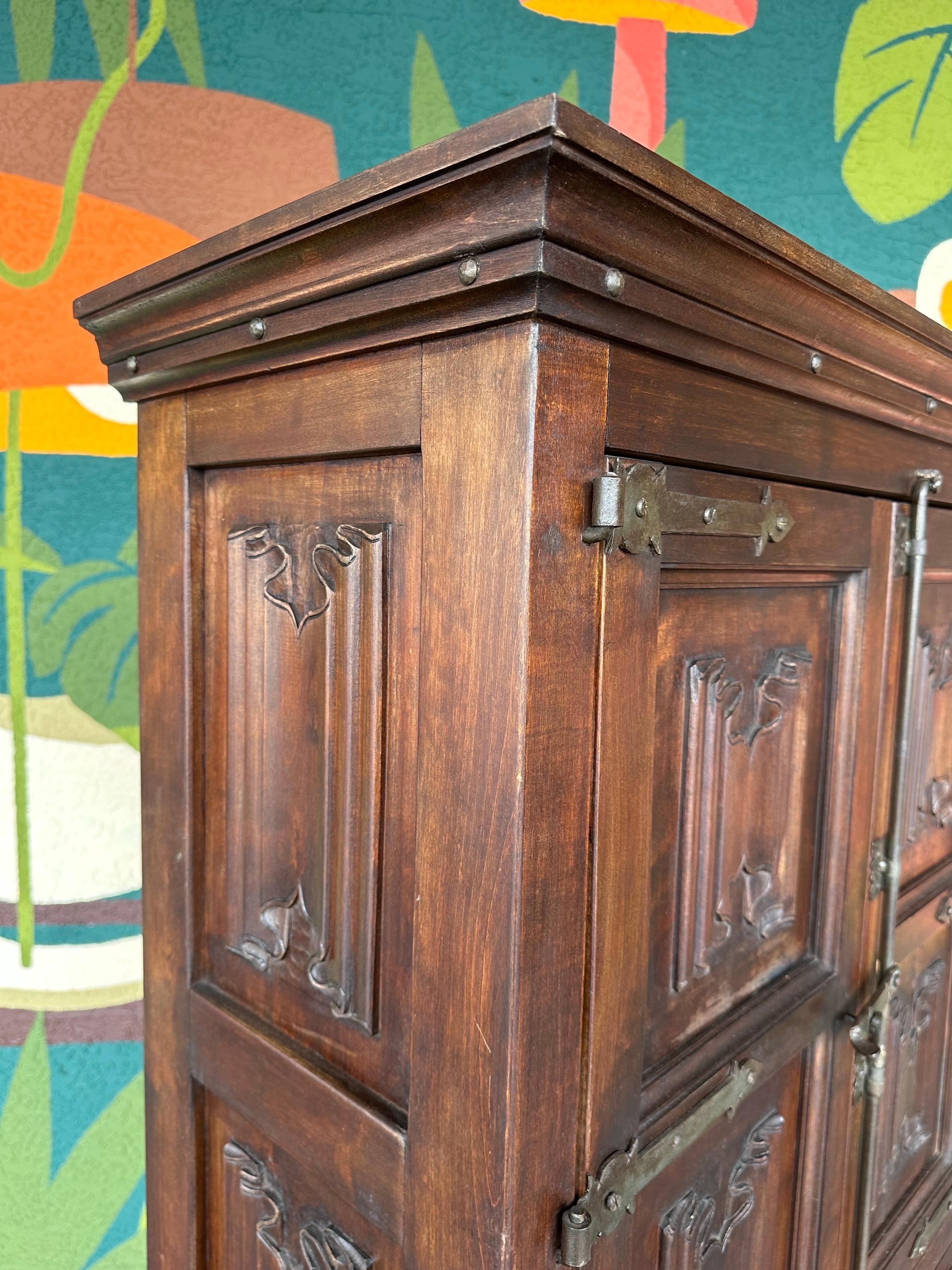 Iron Vintage Gothic Revival Carved Wood Cabinet