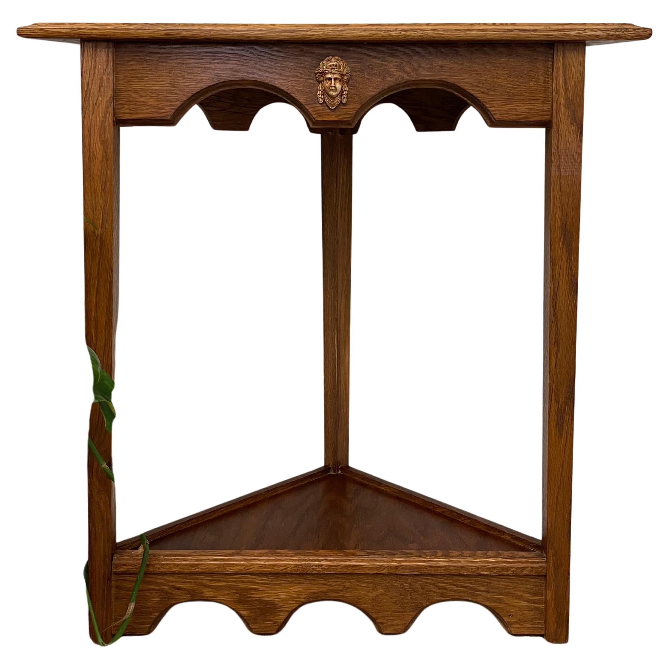Vintage Gothic Revival Corner Table with Carved Classical Face Medallion