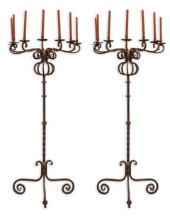 Vintage Gothic Style Pair of Wrought Iron Floor Standing Candelabras