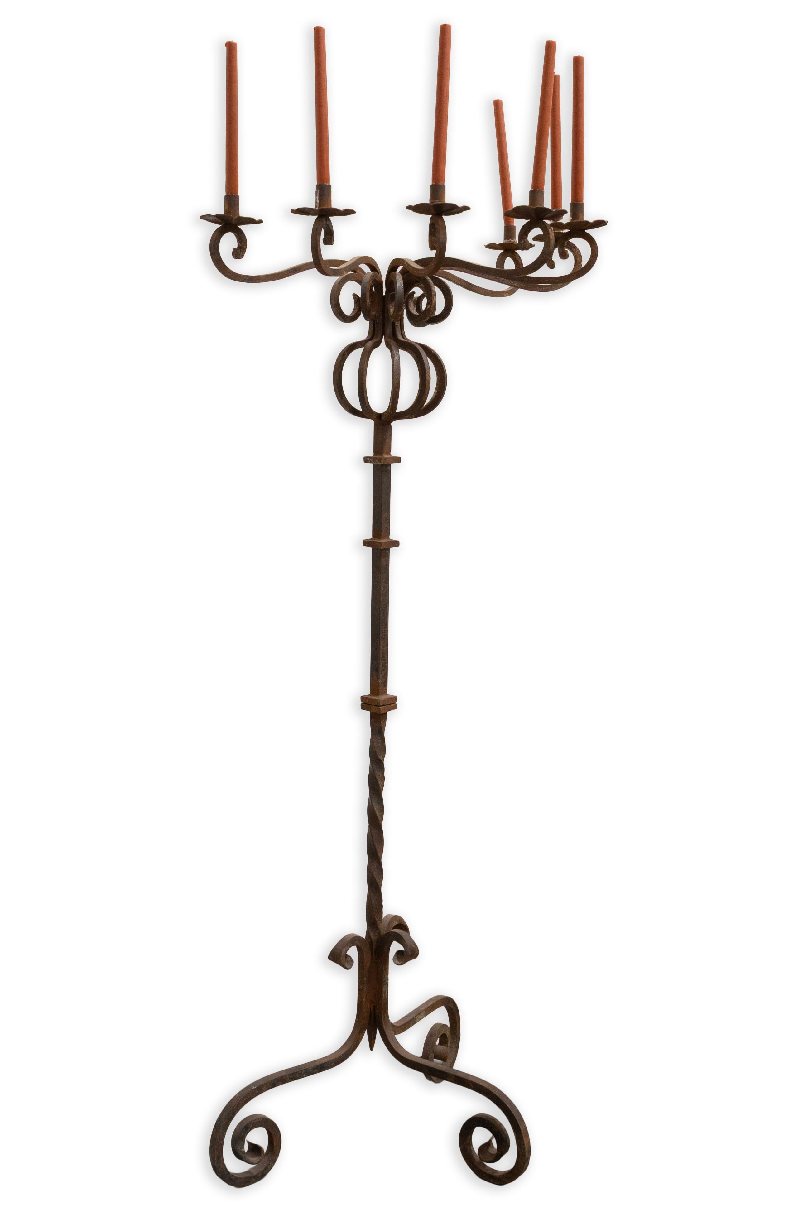Vintage Gothic Style Pair of Wrought Iron Floor Standing Candelabras In Good Condition In Keego Harbor, MI