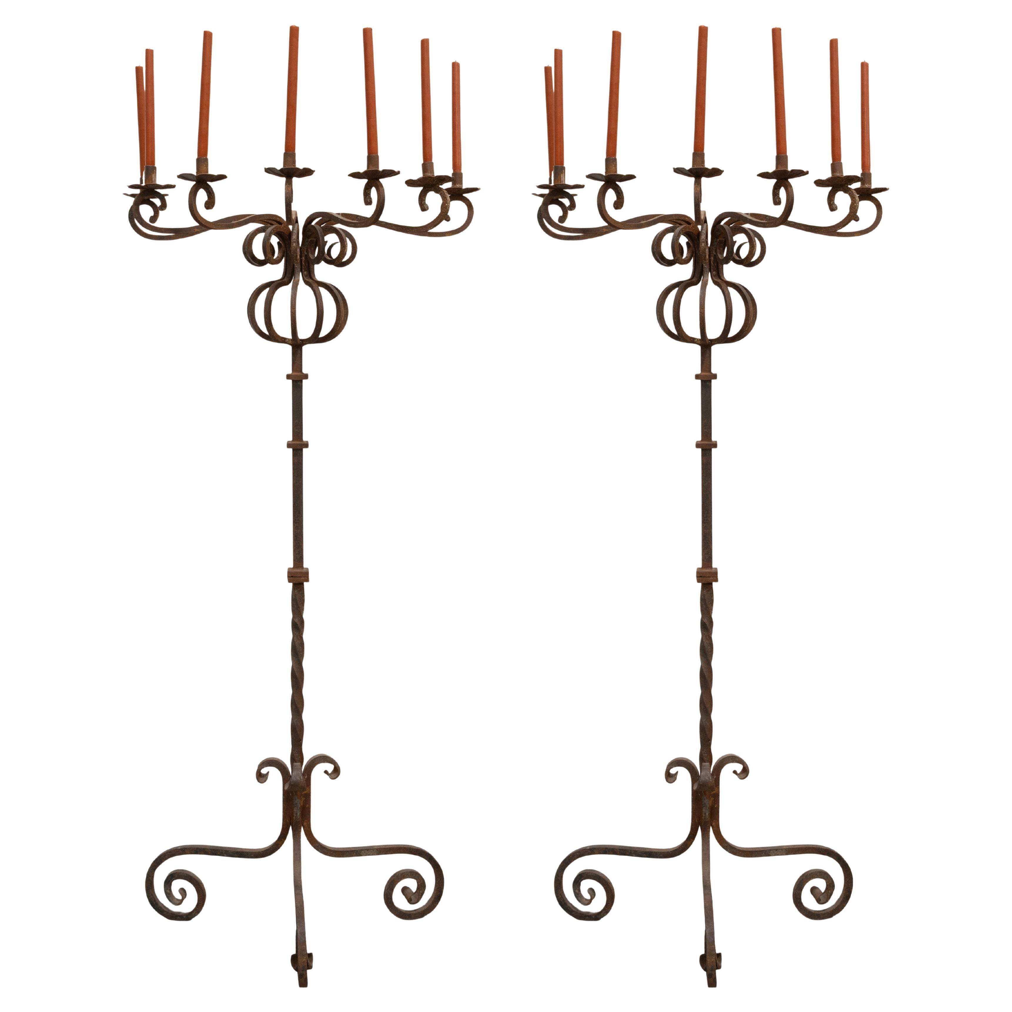 Vintage Gothic Style Pair of Wrought Iron Floor Standing Candelabras
