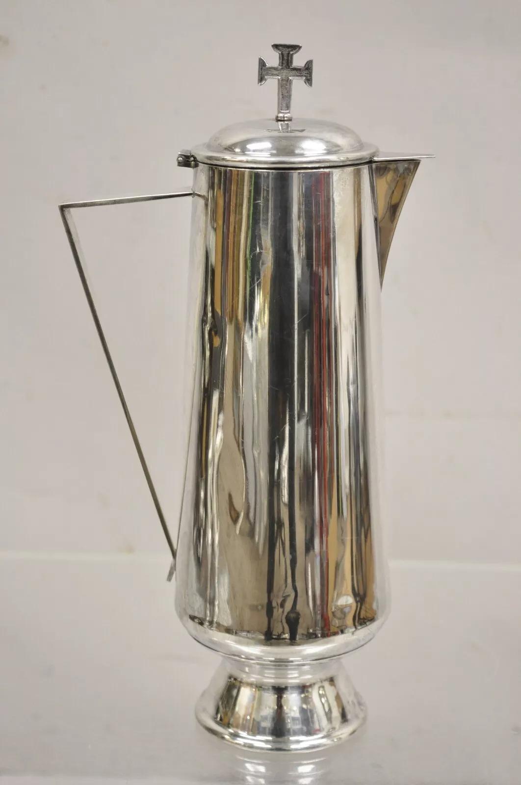 Vintage Gothic Style Religious Silver Plated Tall Church Pitcher with Cross For Sale 5