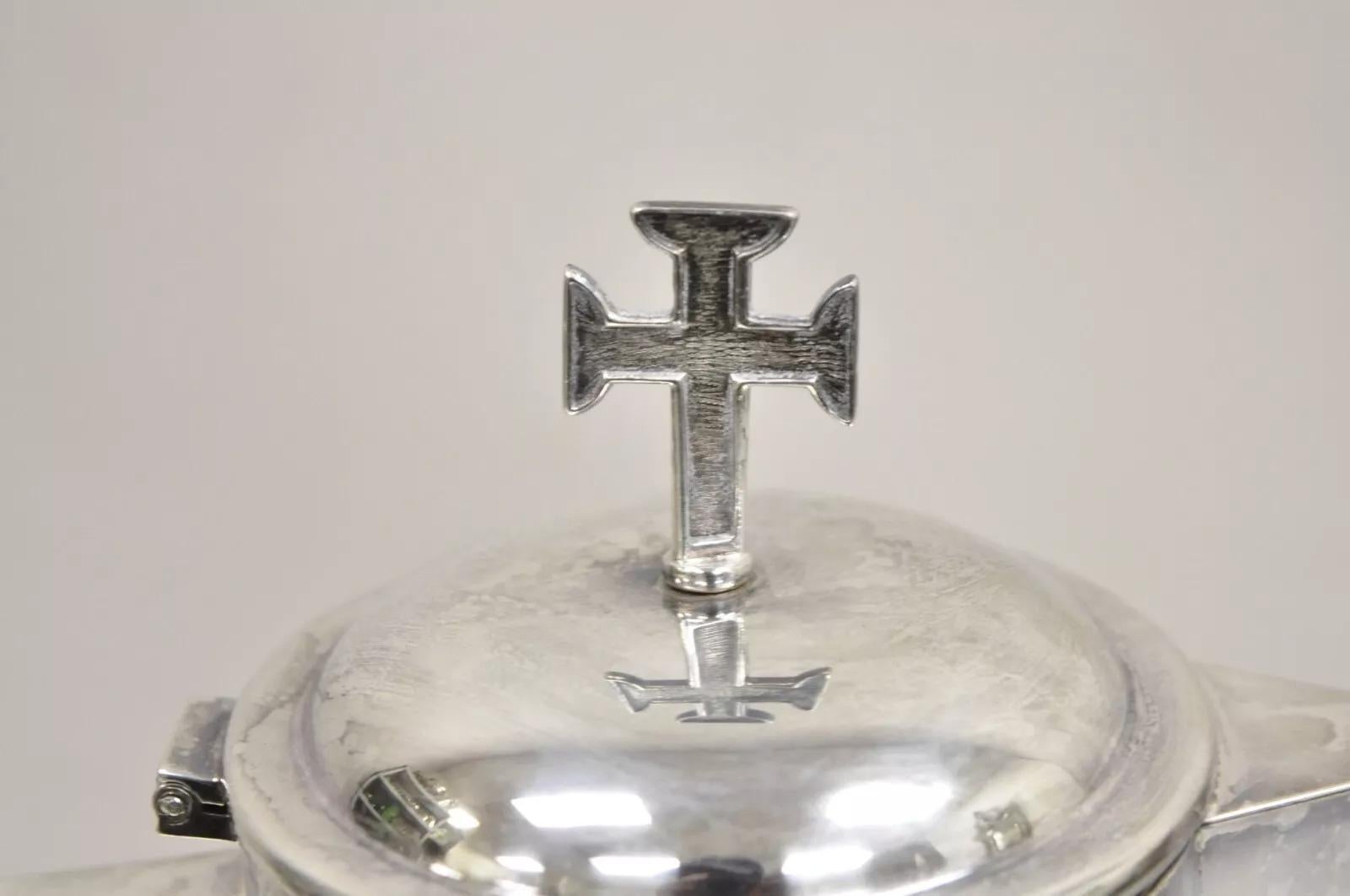 Unknown Vintage Gothic Style Religious Silver Plated Tall Church Pitcher with Cross For Sale