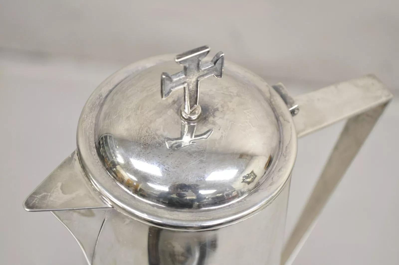 20th Century Vintage Gothic Style Religious Silver Plated Tall Church Pitcher with Cross For Sale