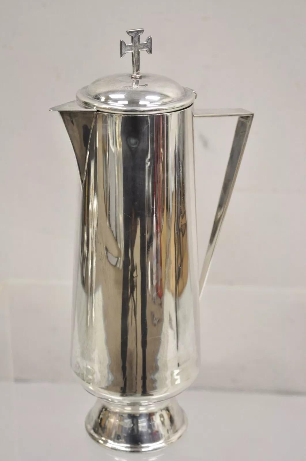 Vintage Gothic Style Religious Silver Plated Tall Church Pitcher with Cross For Sale 4