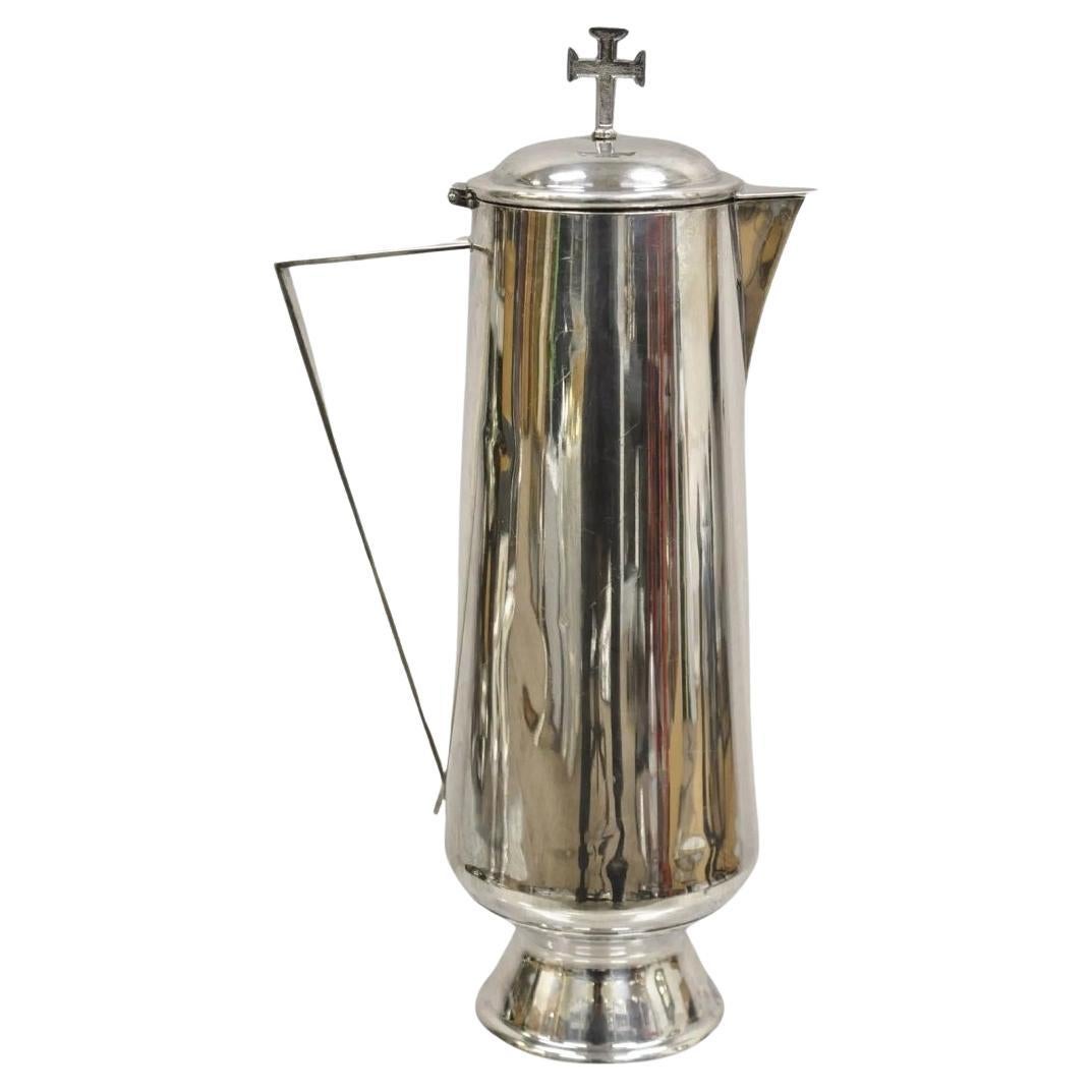 Vintage Gothic Style Religious Silver Plated Tall Church Pitcher with Cross For Sale