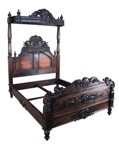 Vintage Gothic Victorian Style Carved Mahogany Half Tester Queen Size Canopy Bed