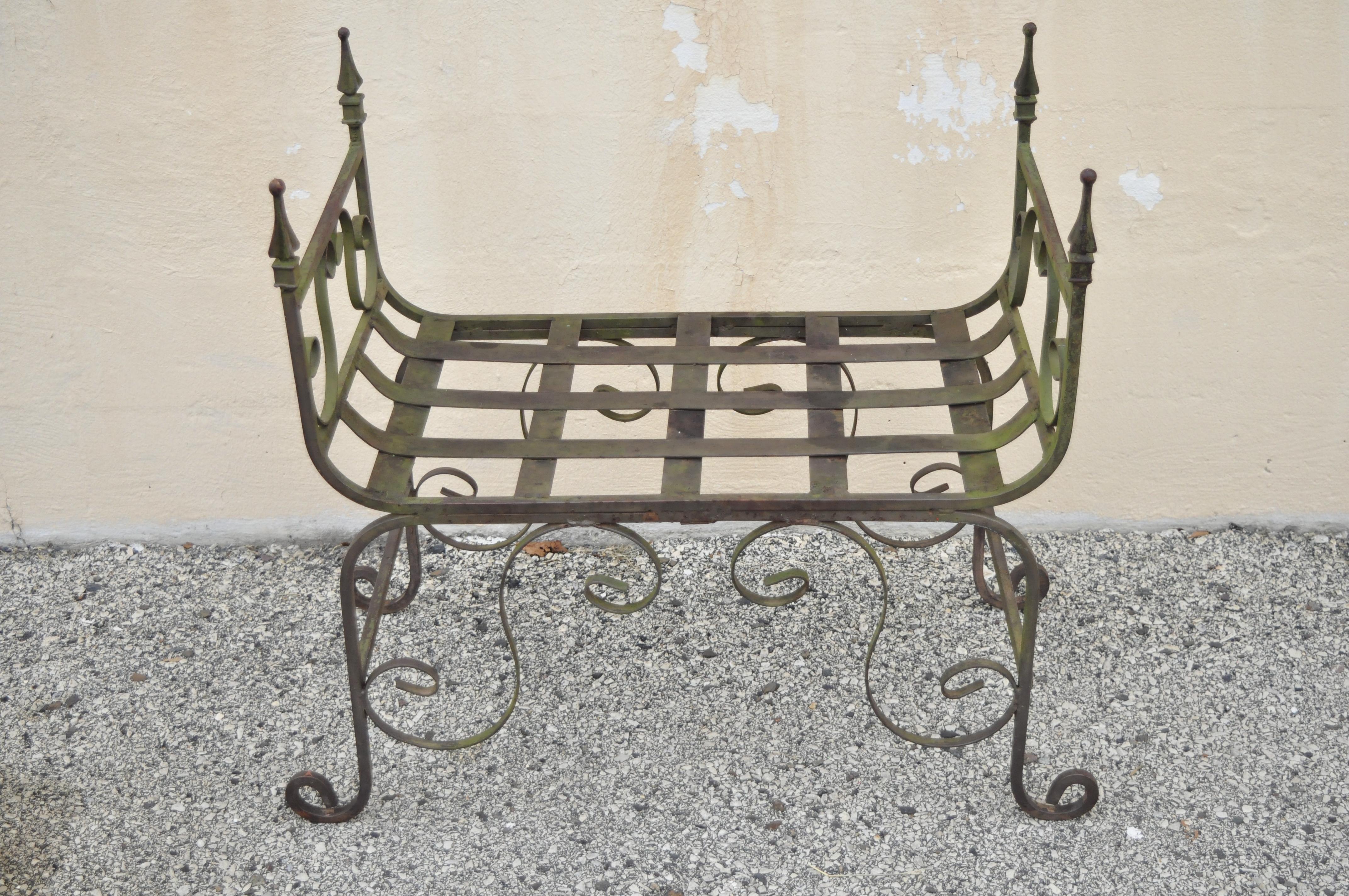 Gothic Wrought Iron Curule Scrollwork Distressed Green Bench with Finials For Sale 4