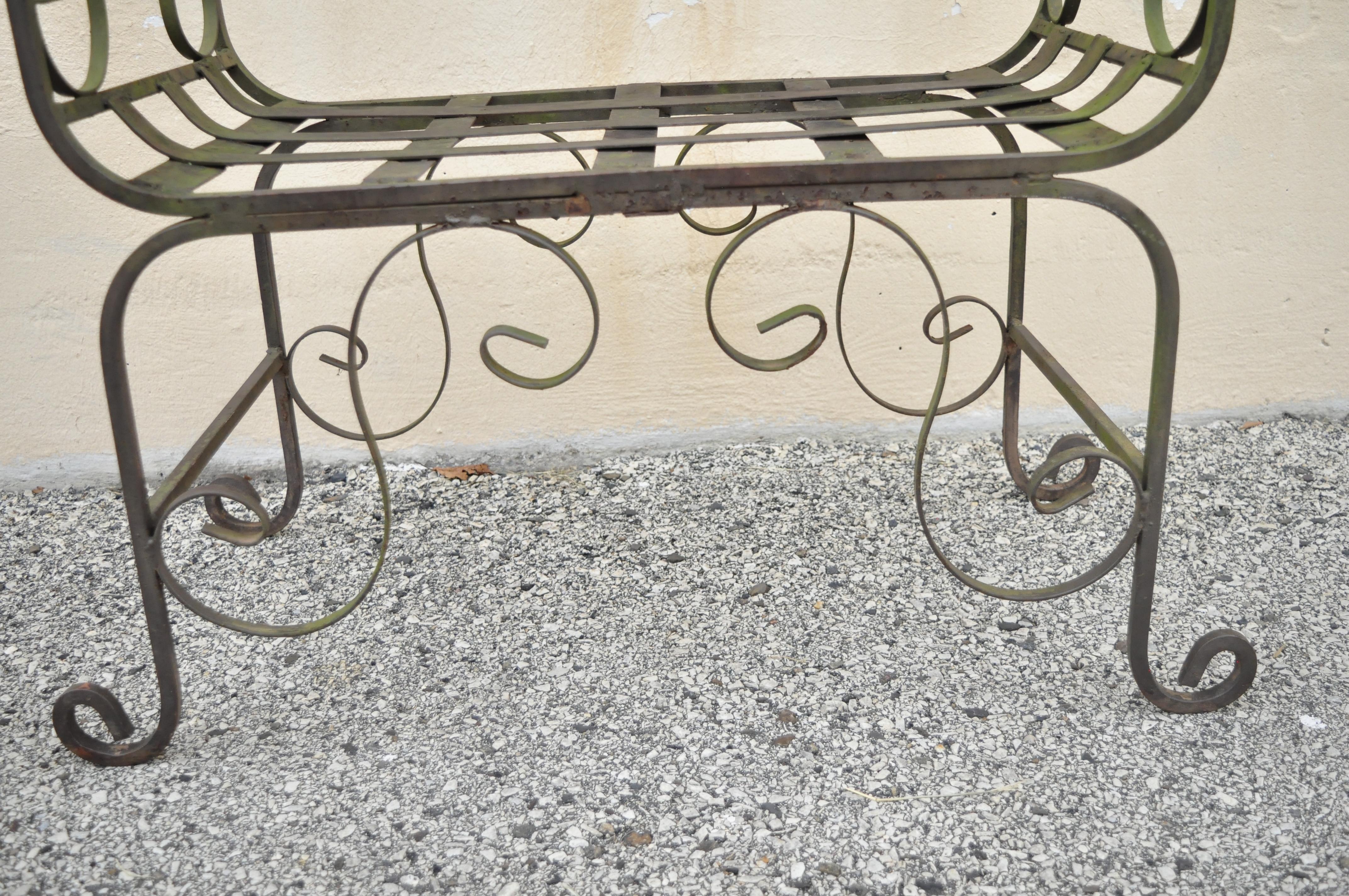 North American Gothic Wrought Iron Curule Scrollwork Distressed Green Bench with Finials For Sale