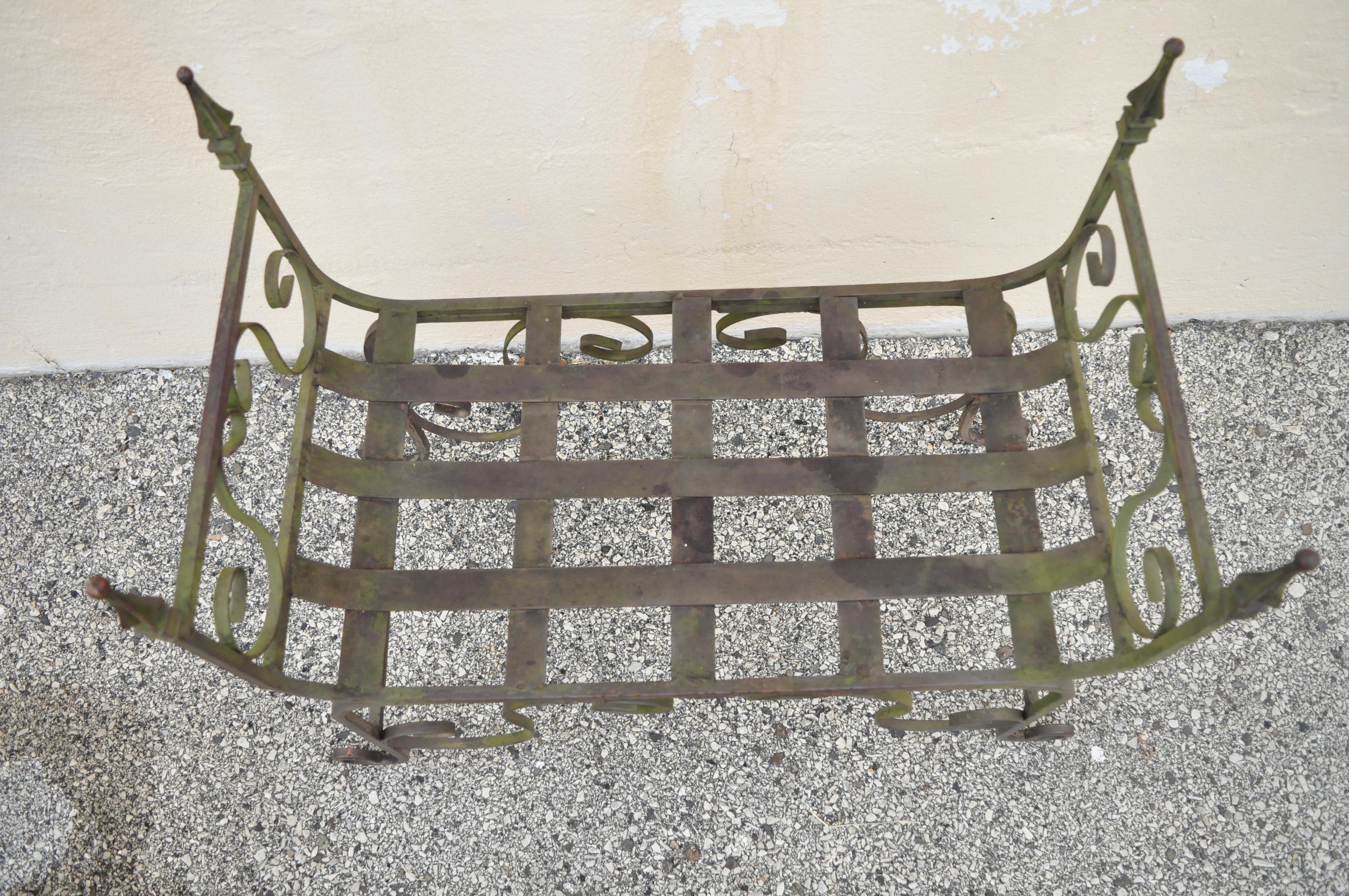 20th Century Gothic Wrought Iron Curule Scrollwork Distressed Green Bench with Finials For Sale