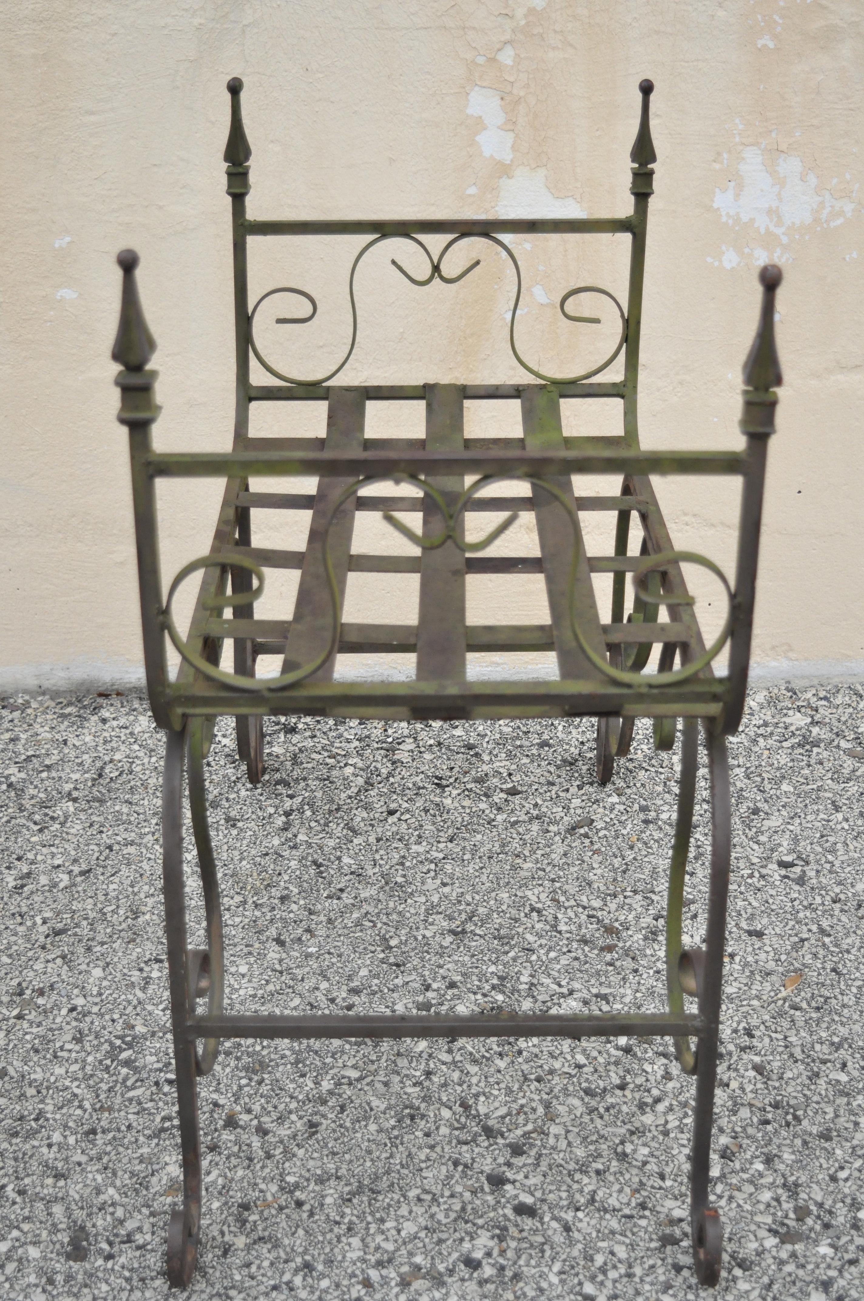 Gothic Wrought Iron Curule Scrollwork Distressed Green Bench with Finials For Sale 1