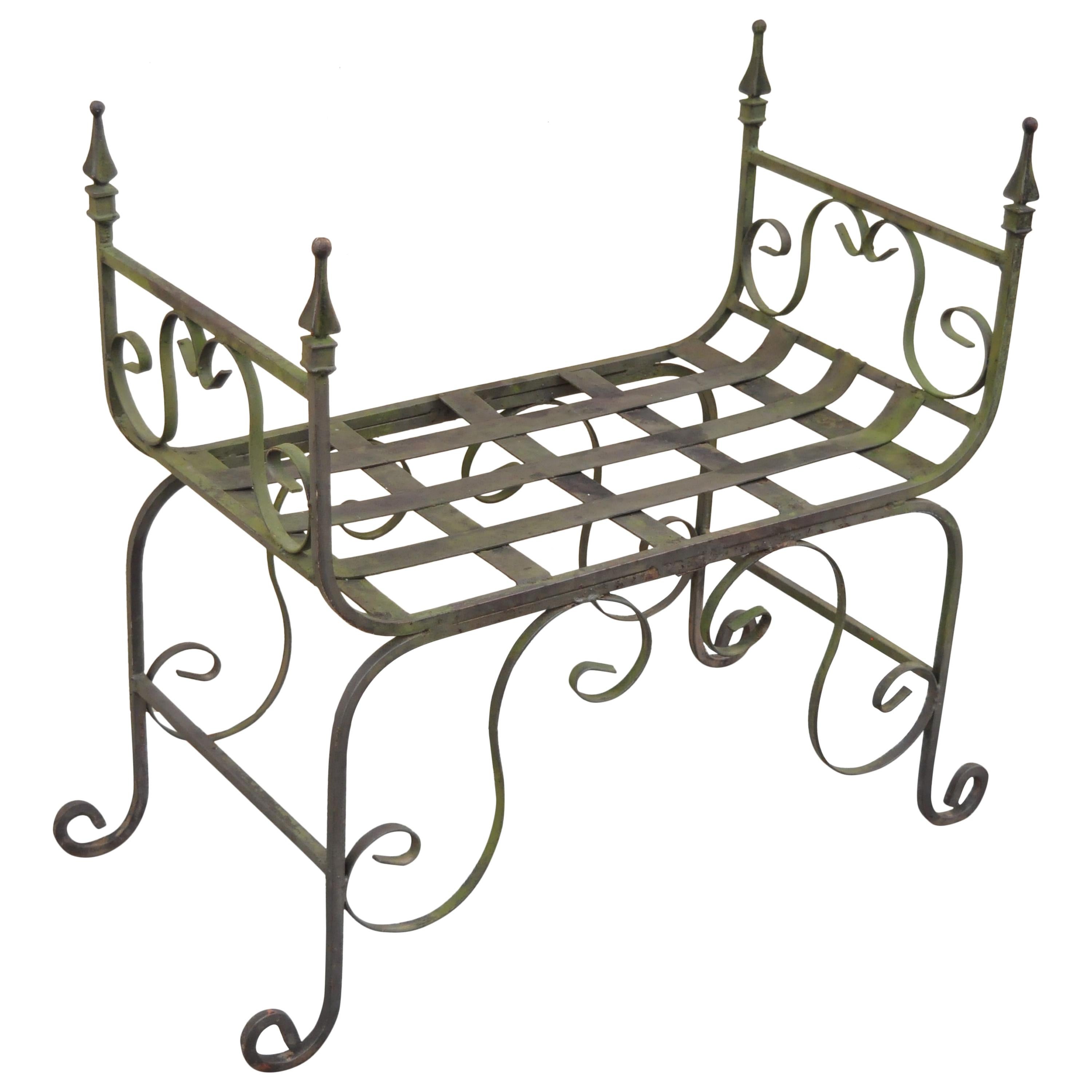 Gothic Wrought Iron Curule Scrollwork Distressed Green Bench with Finials