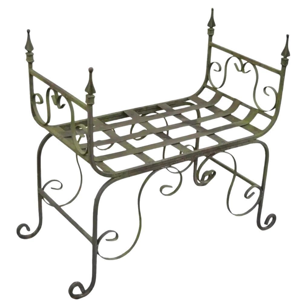 Vintage Gothic Wrought Iron Curule Scrollwork Distressed Green Bench w Finials