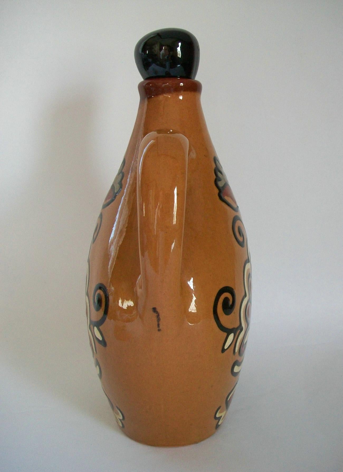 Dutch Vintage Gouda Pottery Jug with Stopper, Hand Painted, Holland, 20th Century For Sale