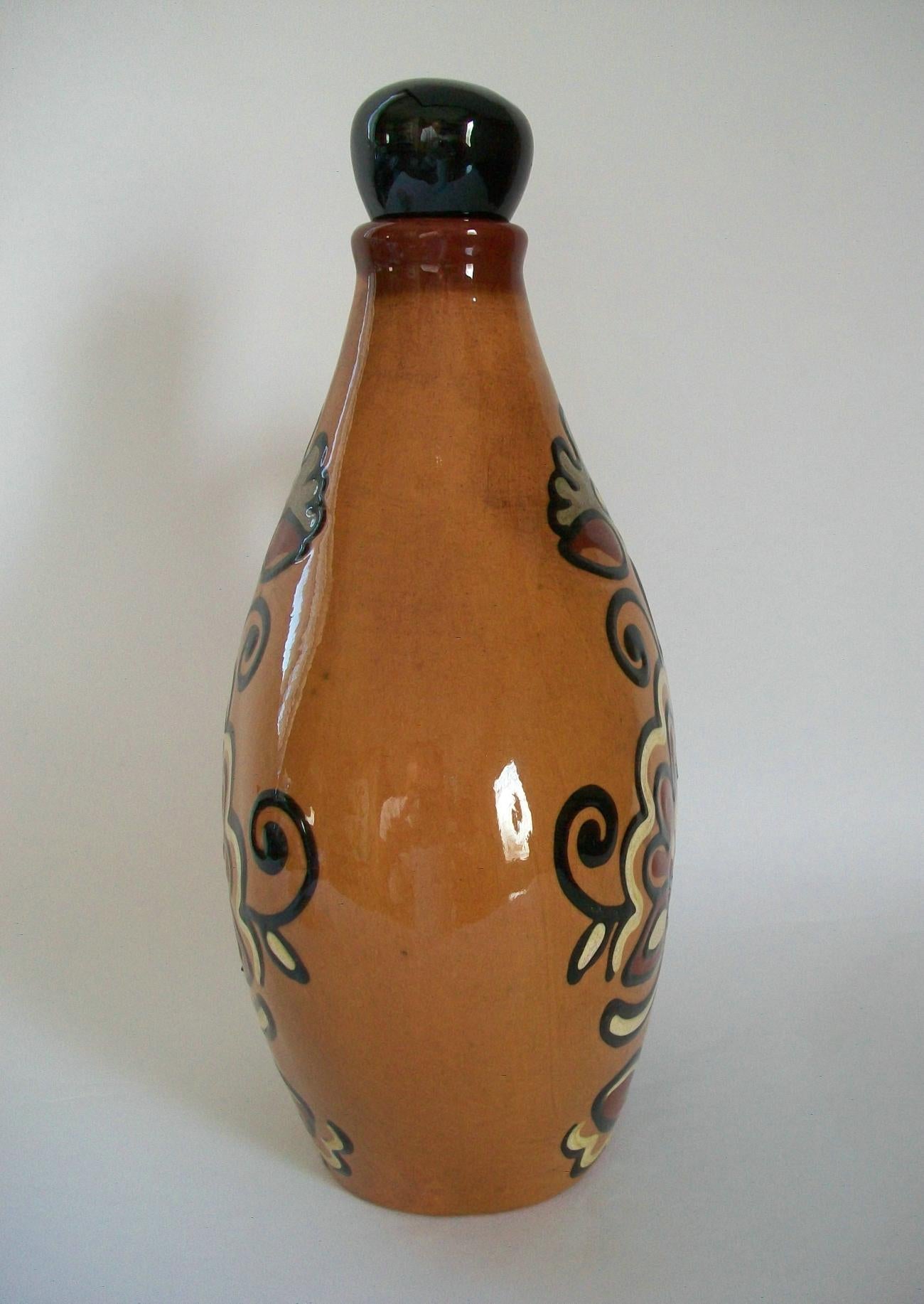 Glazed Vintage Gouda Pottery Jug with Stopper, Hand Painted, Holland, 20th Century For Sale