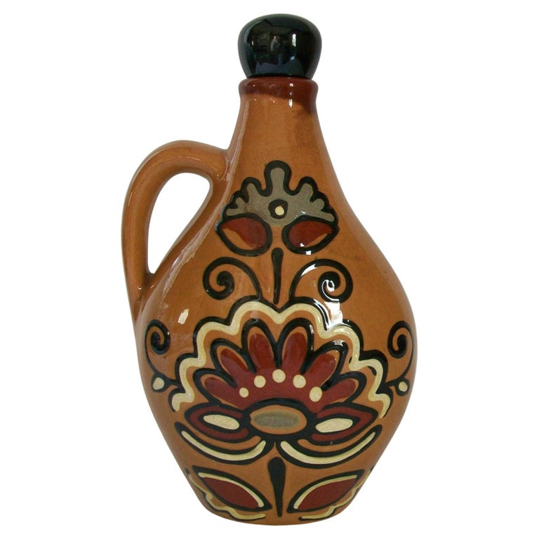 Vintage Gouda Pottery Jug with Stopper, Hand Painted, Holland, 20th