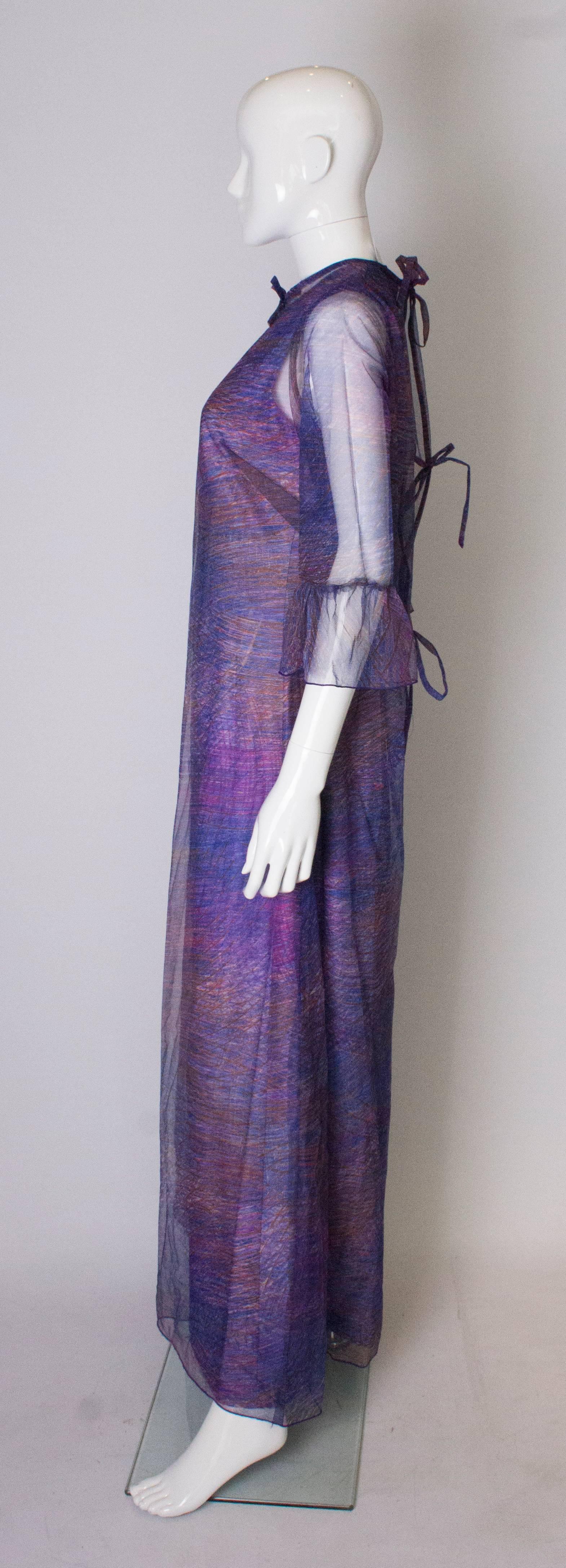 Gray A vintage 1970s purple printed layered long party dress by Clive Byrne, London