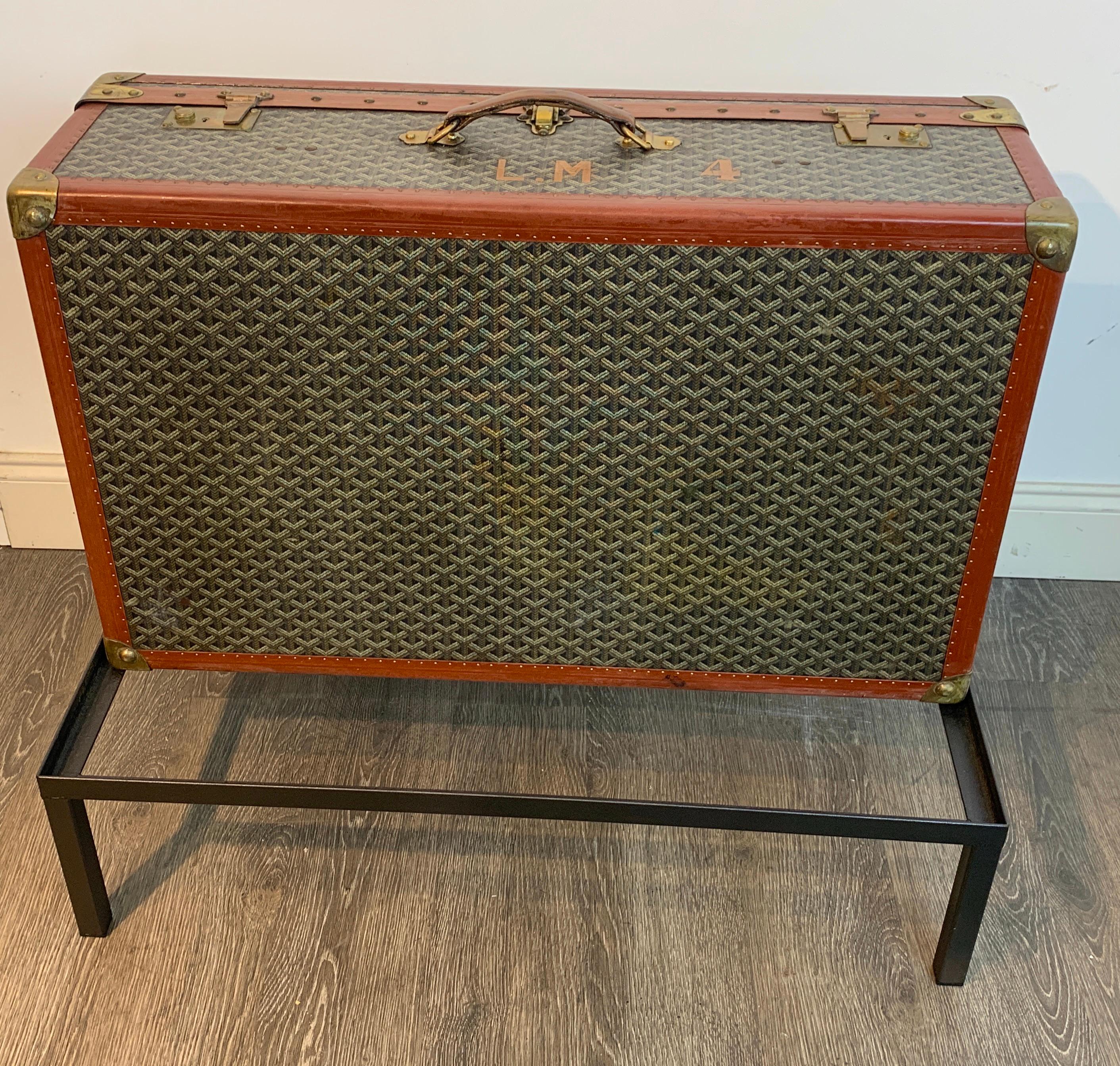 French Vintage Goyard Hardcase Trunk on Iron Stand