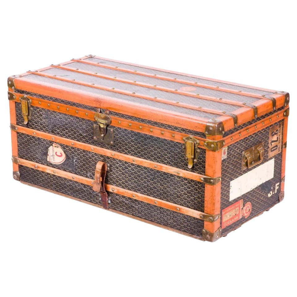 Vintage Metal Steamer Trunk with Luggage Label, Small For Sale at ...