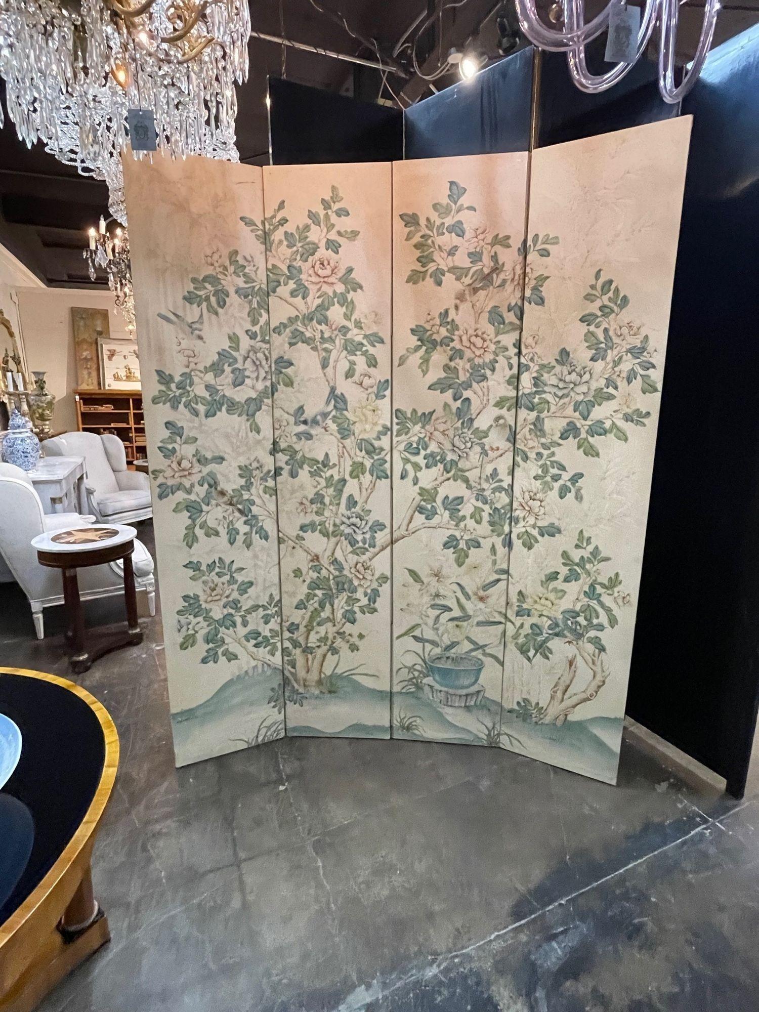 Beautiful vintage Gracie 4 panel screen. This piece has a lovely floral design in green, blue pink and yellow. Creates a very nice focal point in a fine room. So pretty!