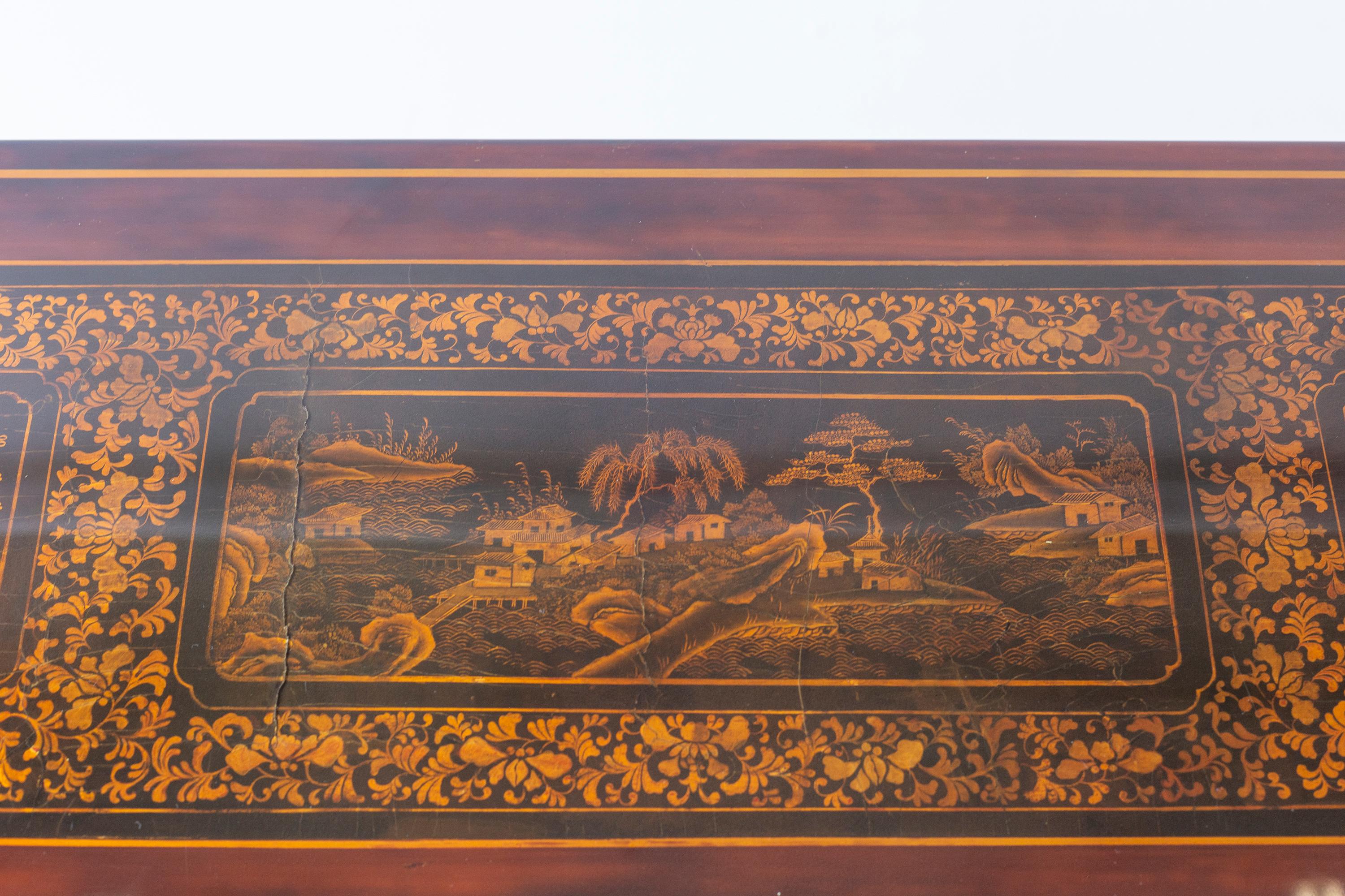 Chinese Export Vintage Gracie Lacquer Waterfall Table with Antique Chinese panels on Top For Sale