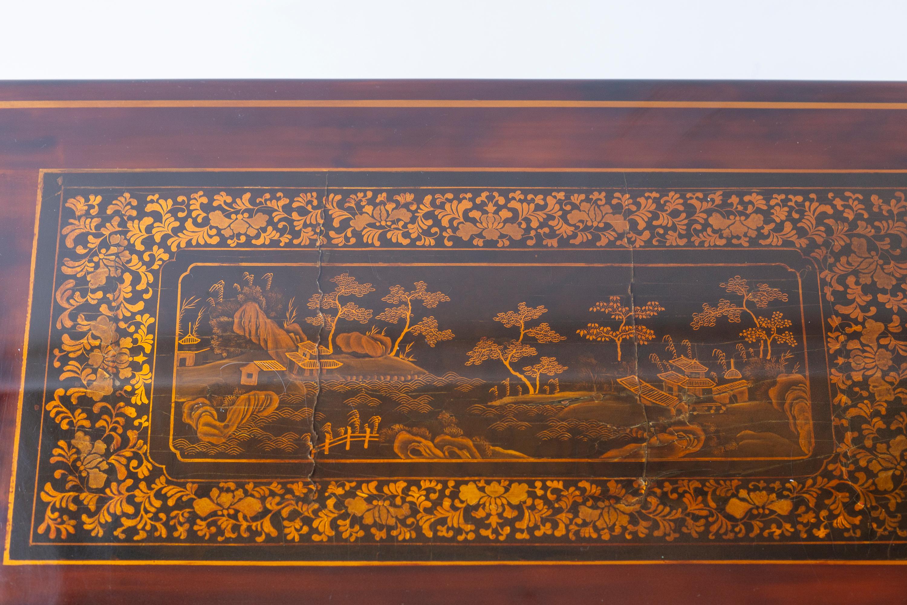 American Vintage Gracie Lacquer Waterfall Table with Antique Chinese panels on Top For Sale