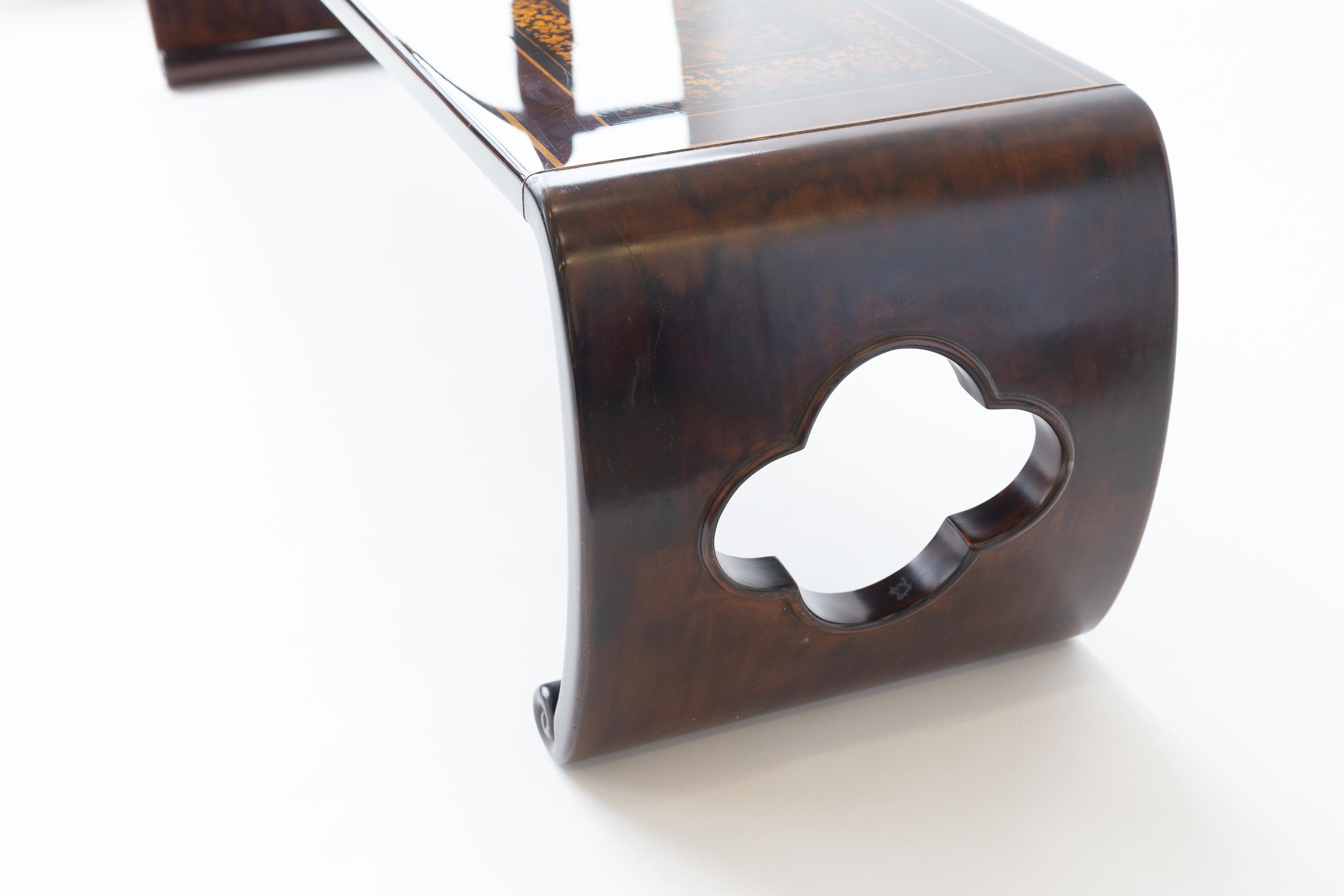 Lacquered Vintage Gracie Lacquer Waterfall Table with Antique Chinese panels on Top For Sale