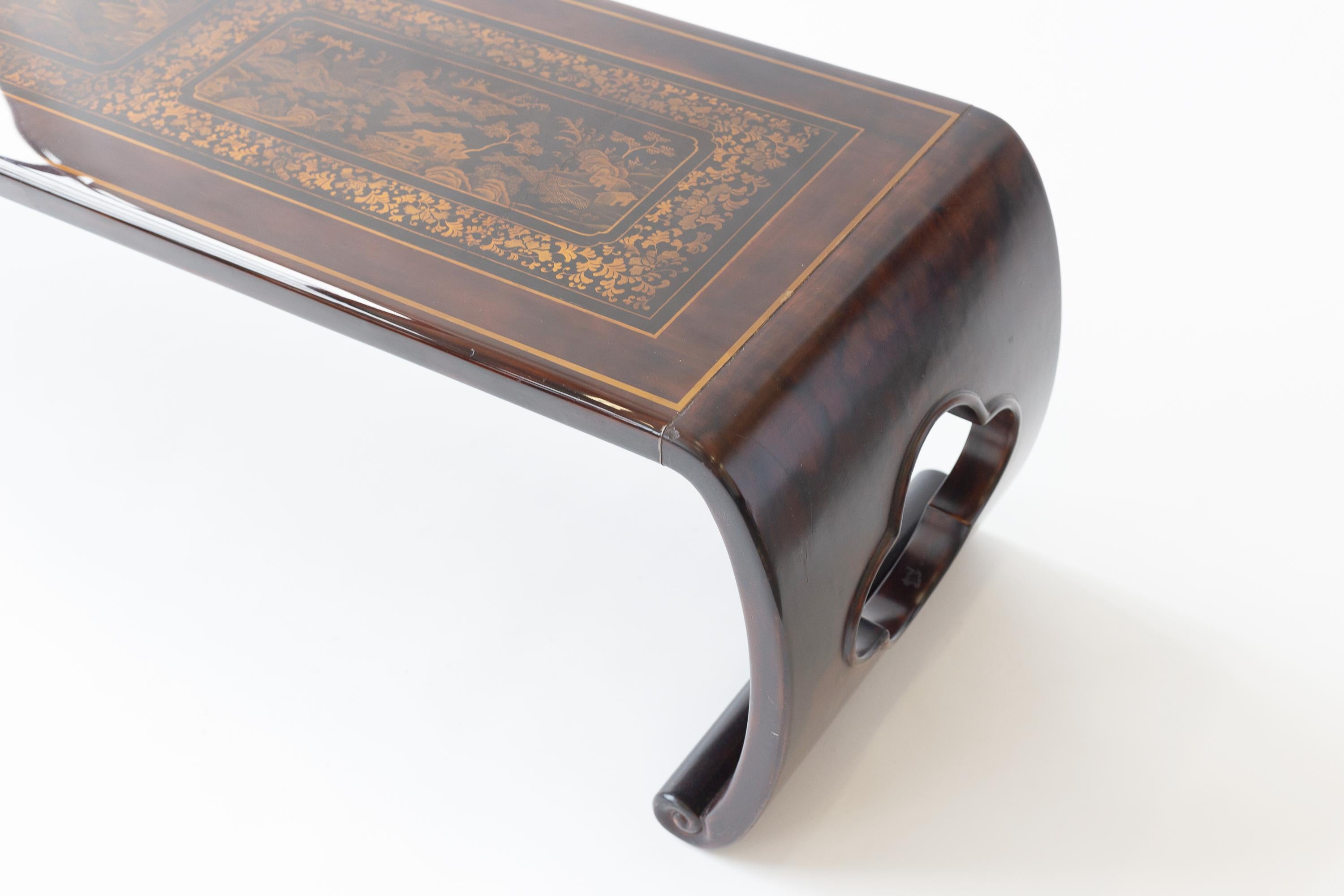 Vintage Gracie Lacquer Waterfall Table with Antique Chinese panels on Top In Good Condition For Sale In New York, NY