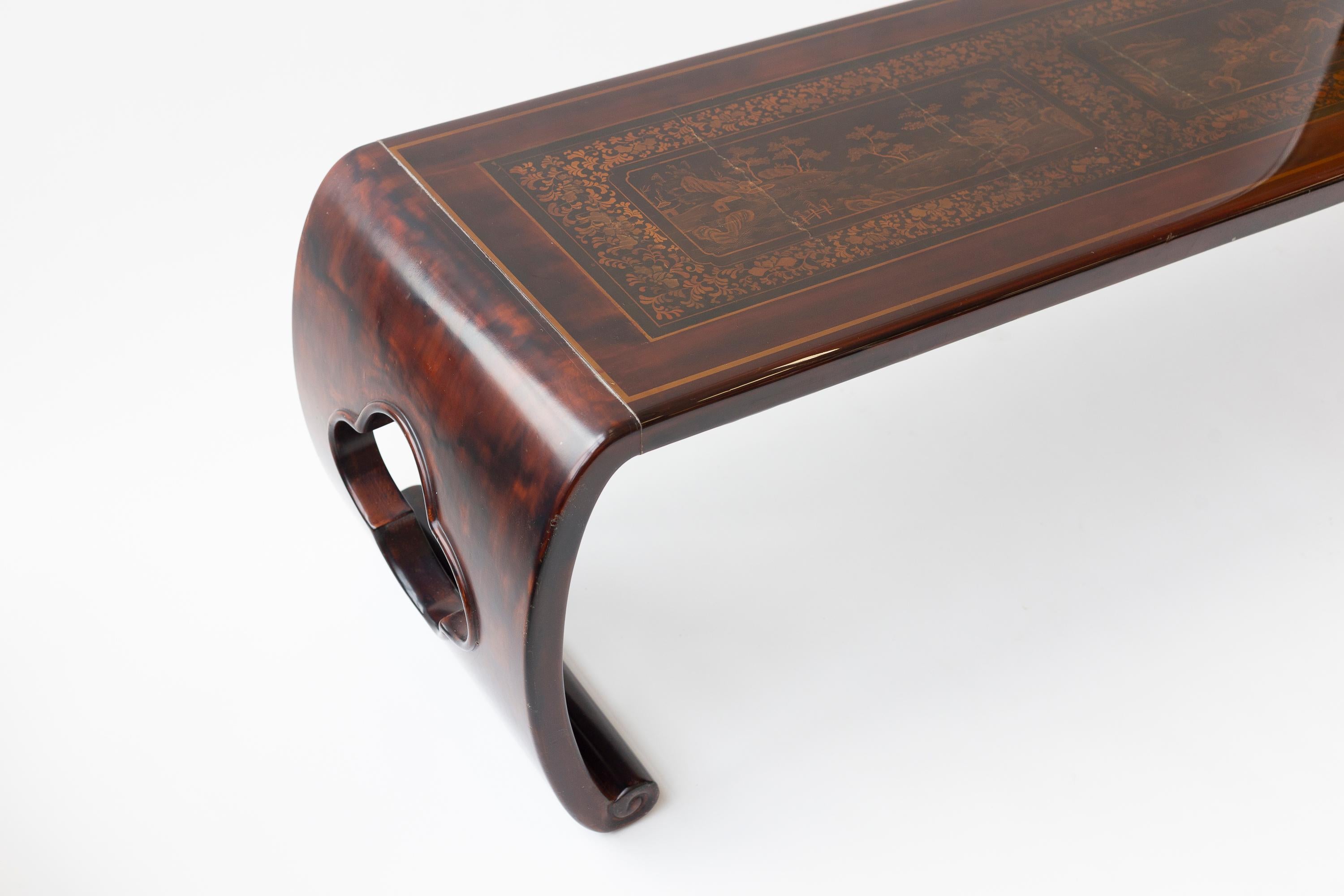 Wood Vintage Gracie Lacquer Waterfall Table with Antique Chinese panels on Top For Sale