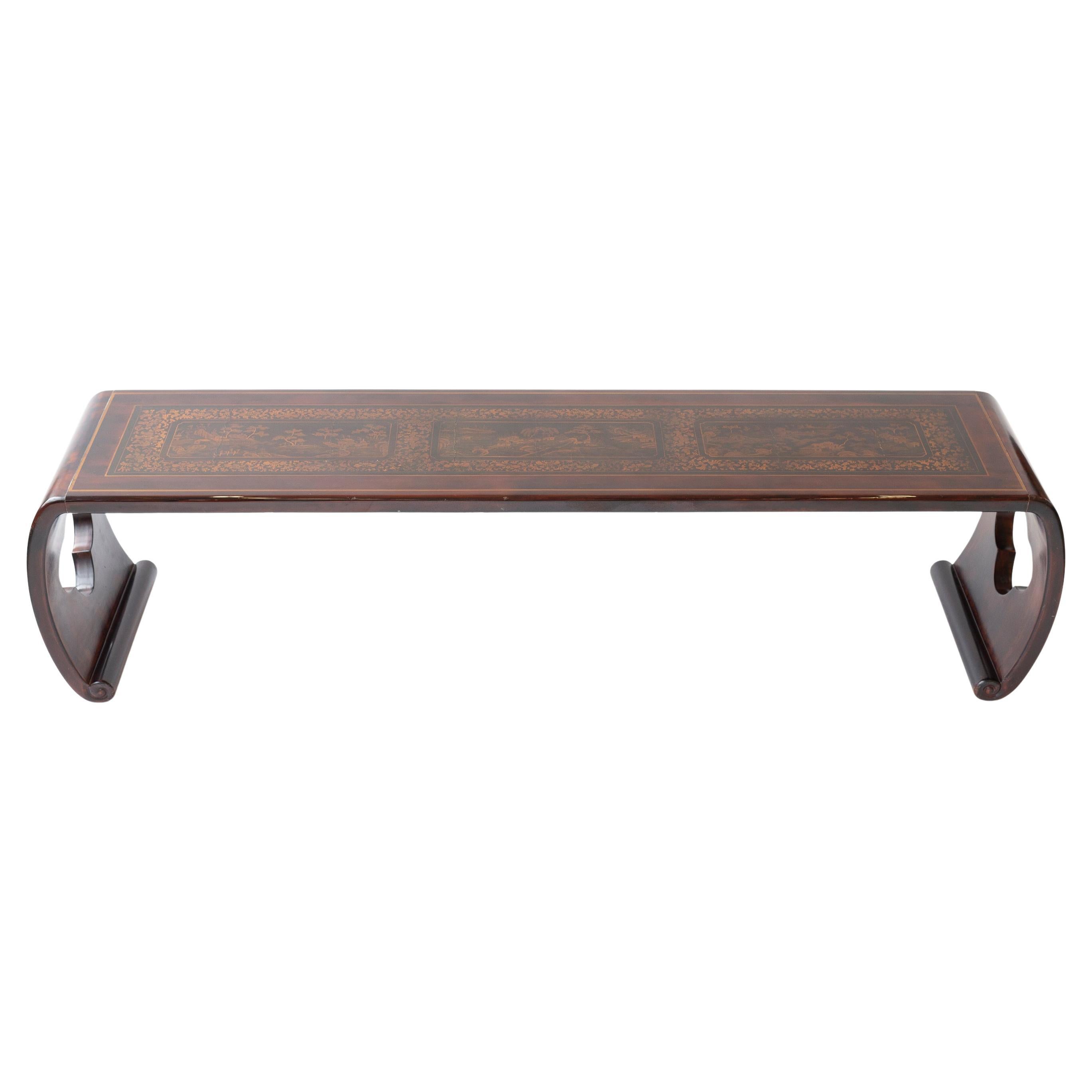 Vintage Gracie Lacquer Waterfall Table with Antique Chinese panels on Top For Sale