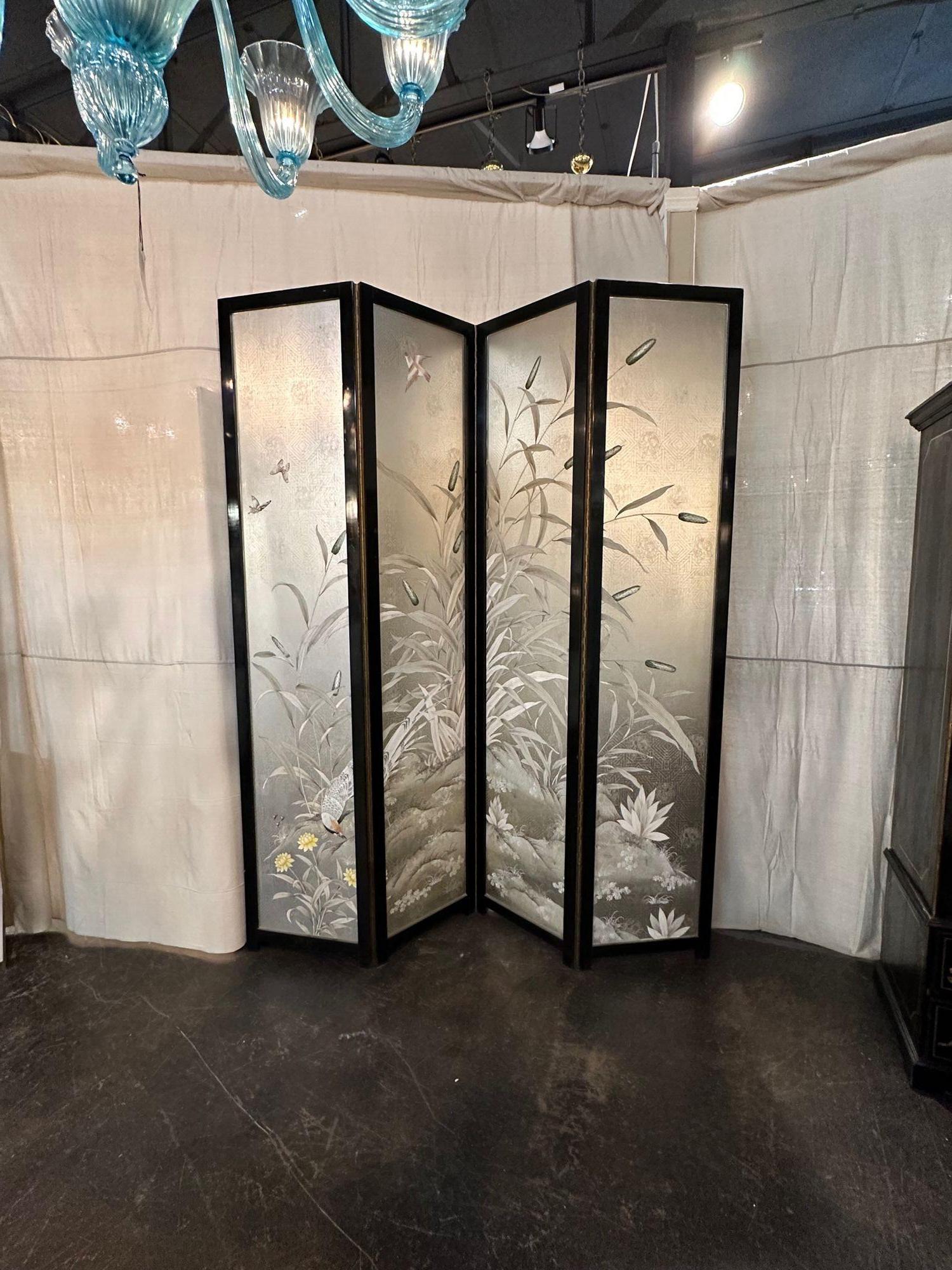 Vintage Gracie 4-panel screen in ebonized wood frame. Circa 1970. A favorite of top designers!