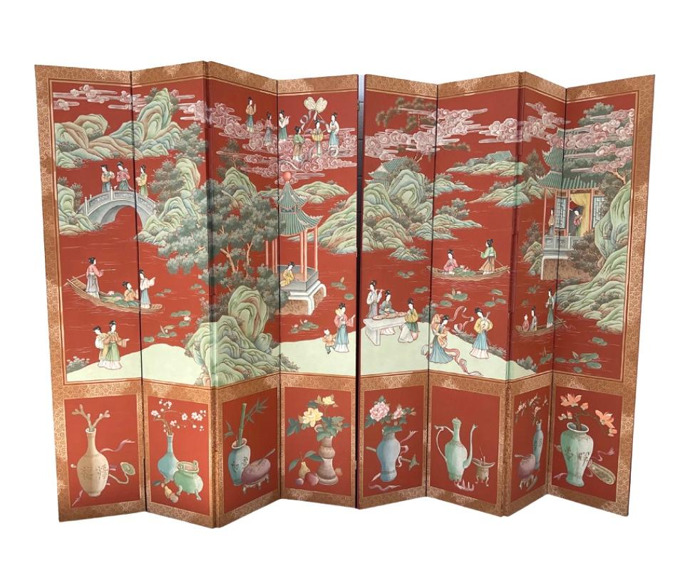 Stunning vintage Gracie style chinoiserie painted wallpaper eight panel wood screen. Rich colors of sage green, yellow, pink and white on a dark red background and includes Asian figures and scenery throughout. Each panel is 17 inches wide. This