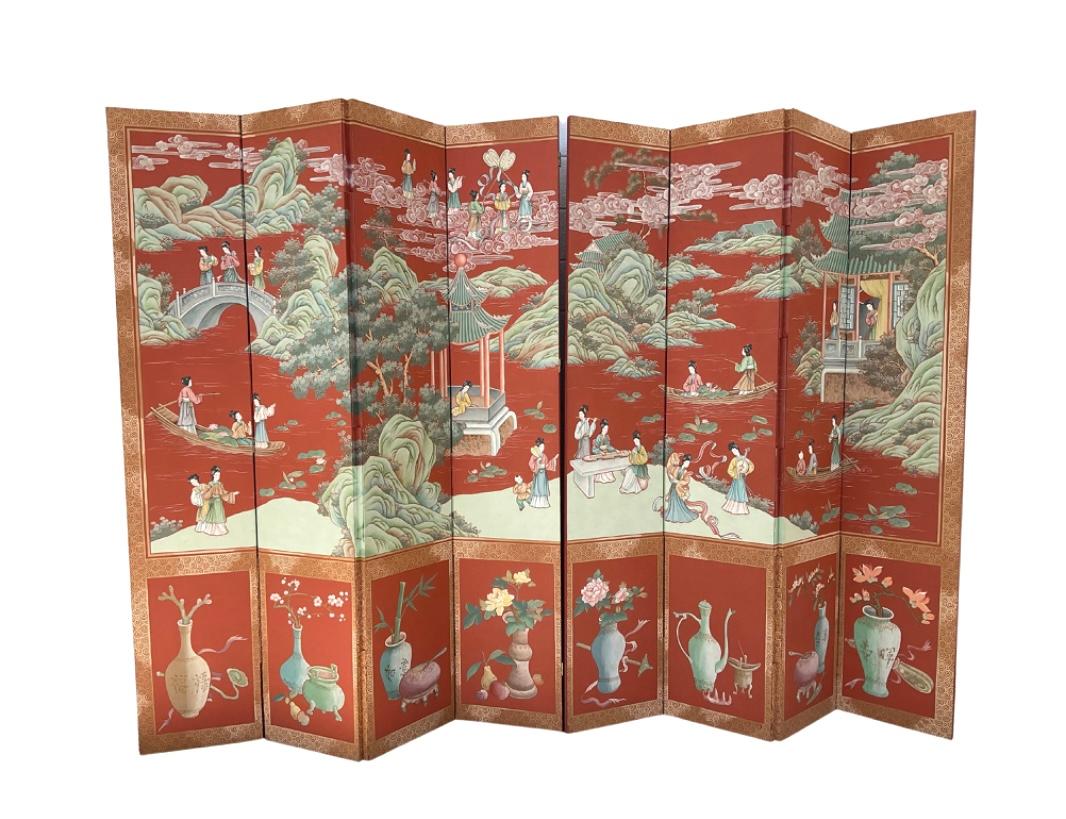 American Vintage Gracie Style Chinoiserie Wallpaper Style Eight Panel Screen For Sale