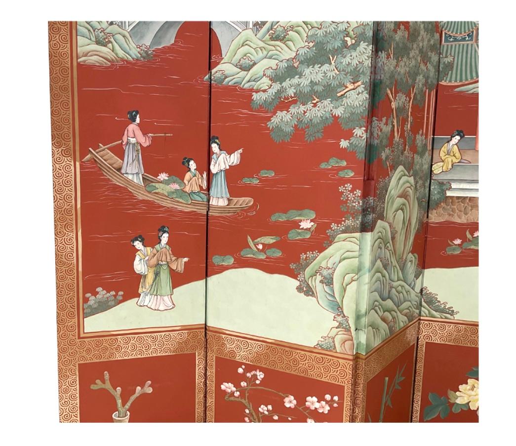 Vintage Gracie Style Chinoiserie Wallpaper Style Eight Panel Screen In Good Condition For Sale In Bradenton, FL
