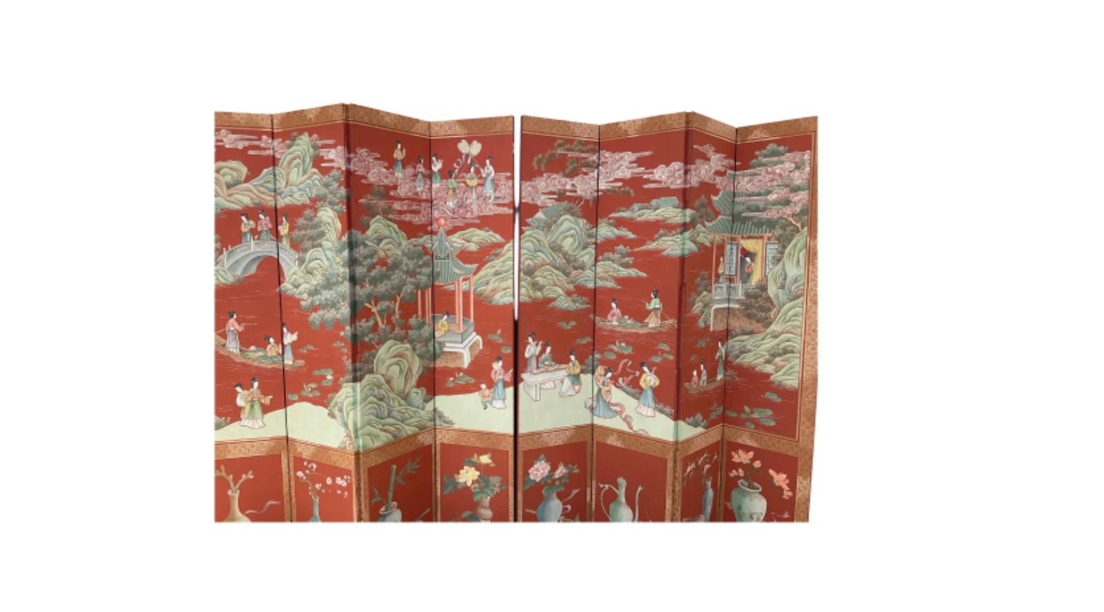 Vintage Gracie Style Chinoiserie Wallpaper Style Eight Panel Screen For Sale 2
