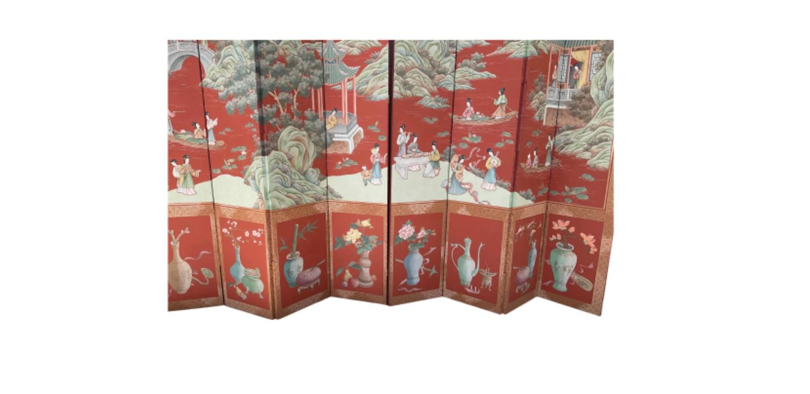 Vintage Gracie Style Chinoiserie Wallpaper Style Eight Panel Screen For Sale 3