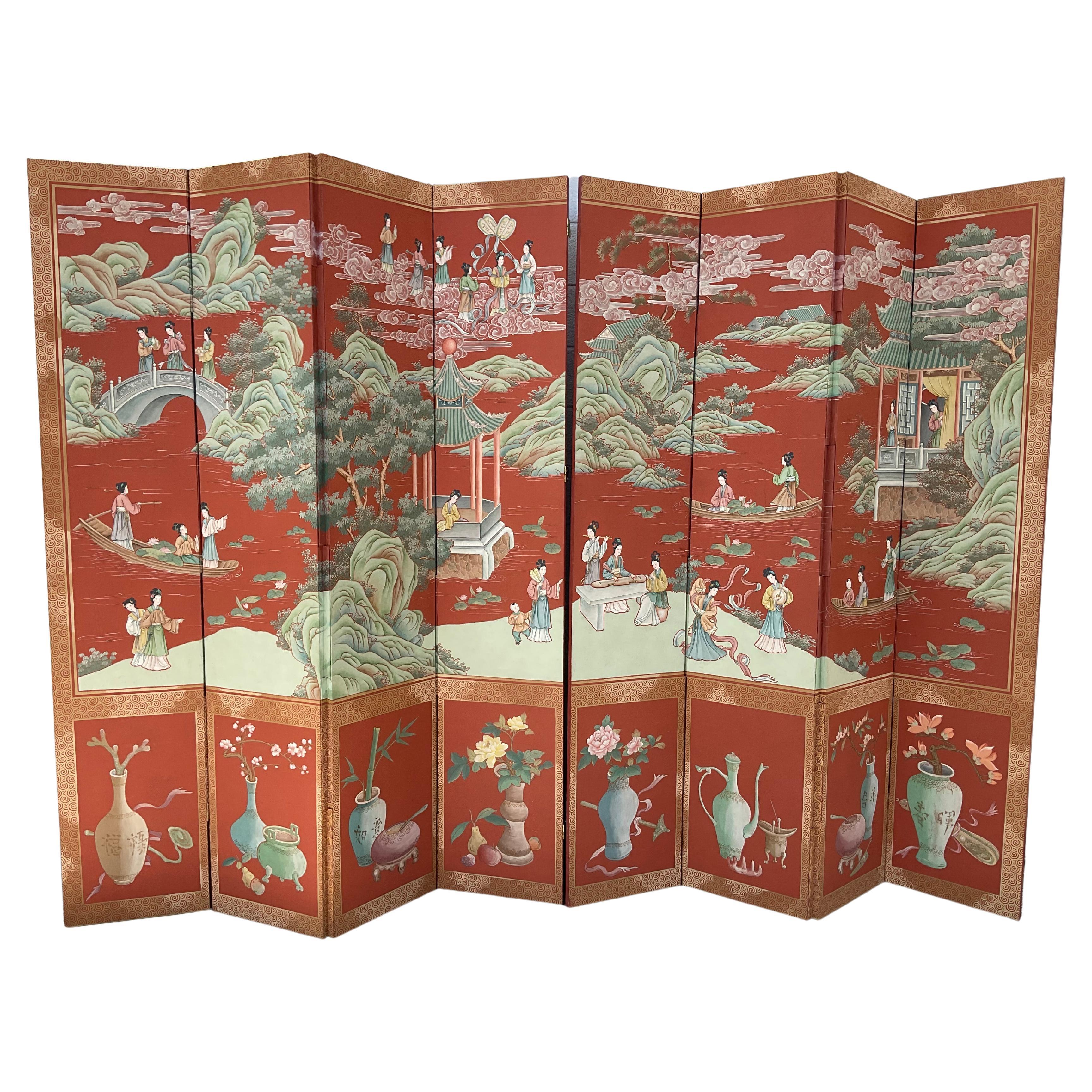 Vintage Gracie Style Chinoiserie Wallpaper Style Eight Panel Screen For Sale