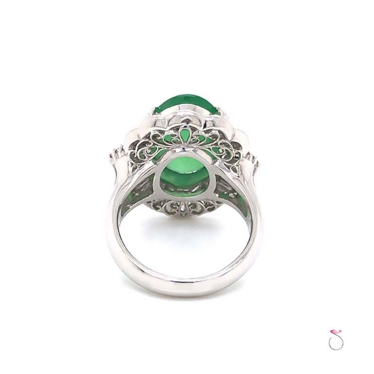 Cabochon Vintage Grade A Apple Green Jadeite Jade Ballerina Diamond Ring, GIA Jade Report For Sale