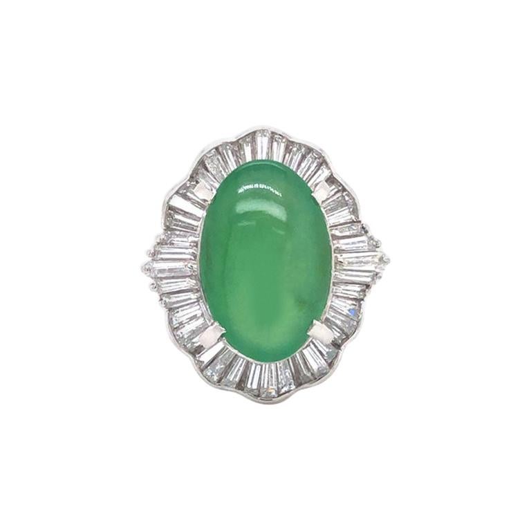 Vintage Grade A Apple Green Jadeite Jade Ballerina Diamond Ring, GIA Jade Report For Sale