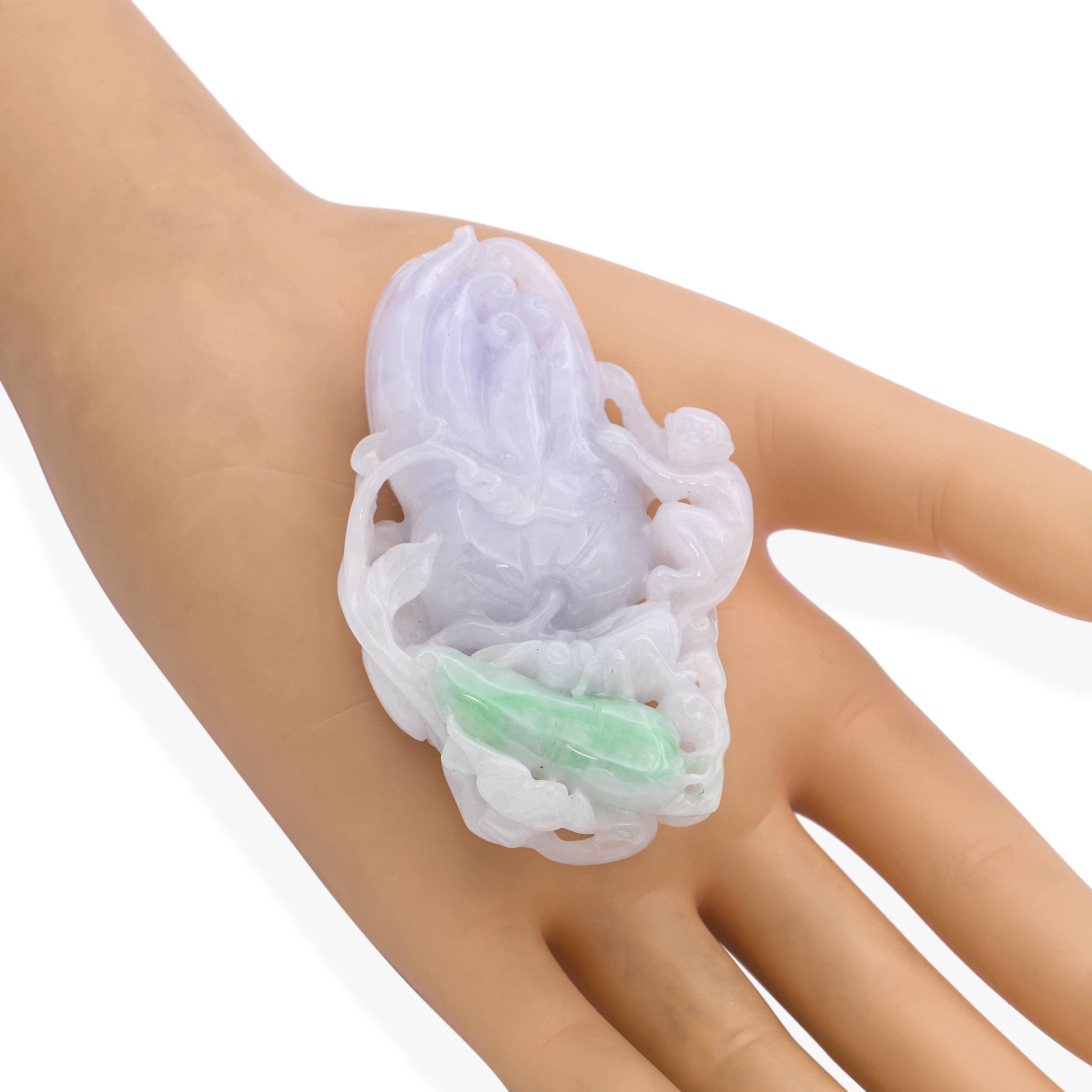 Rough Cut Vintage Grade A Lavender Jade Finger Citron Monkey and Grasshopper Carving For Sale
