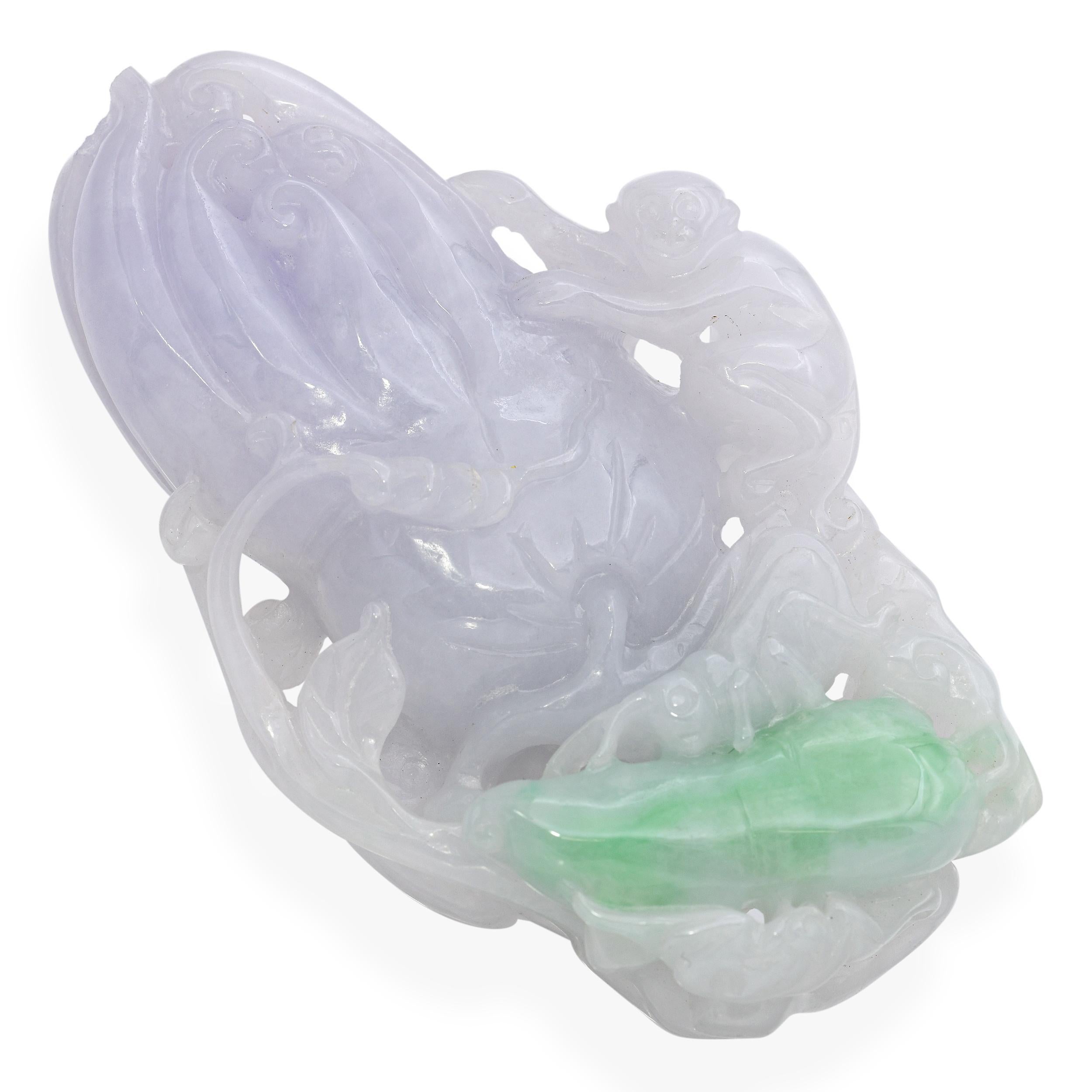 Women's Vintage Grade A Lavender Jade Finger Citron Monkey and Grasshopper Carving For Sale