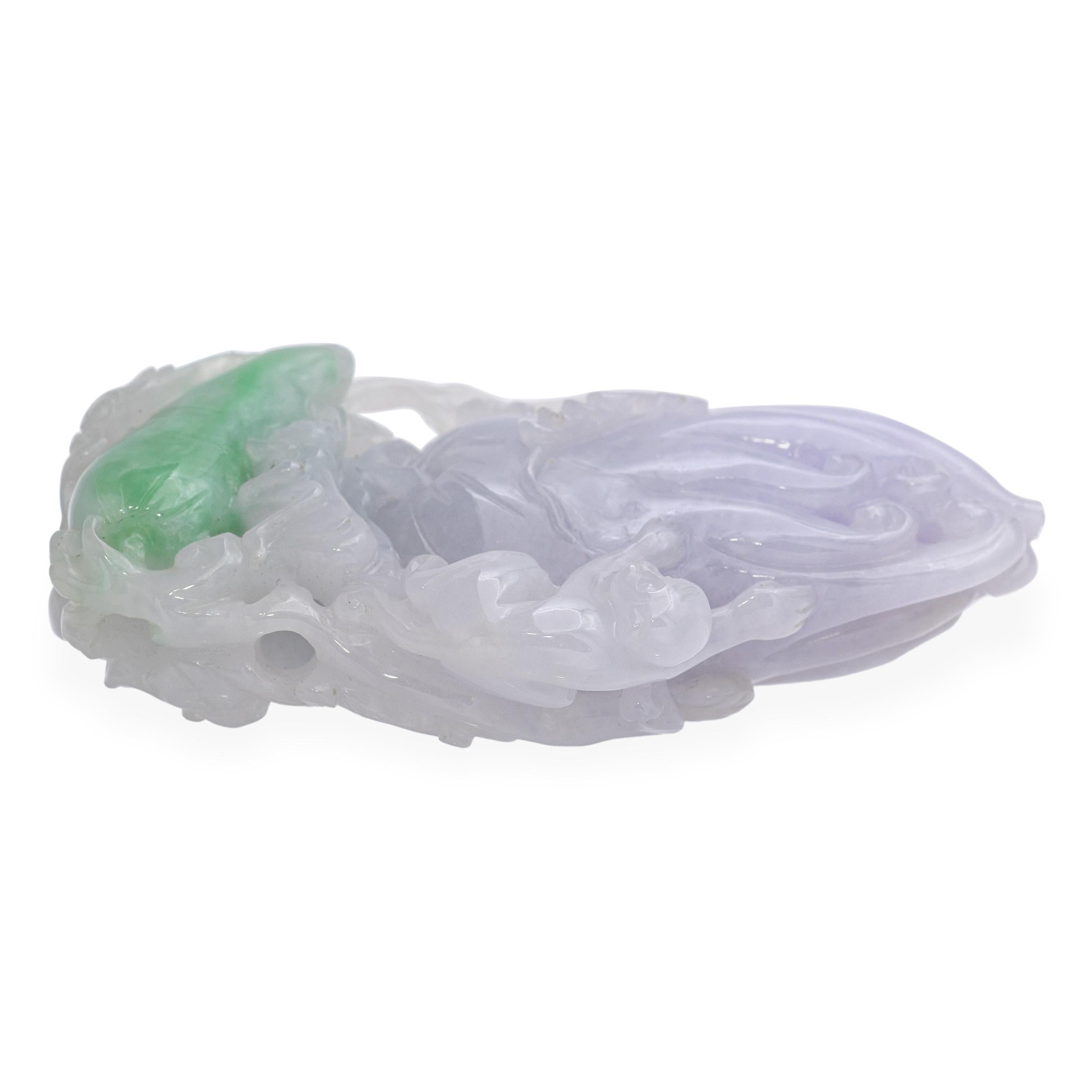 Vintage Grade A Lavender Jade Finger Citron Monkey and Grasshopper Carving For Sale 1
