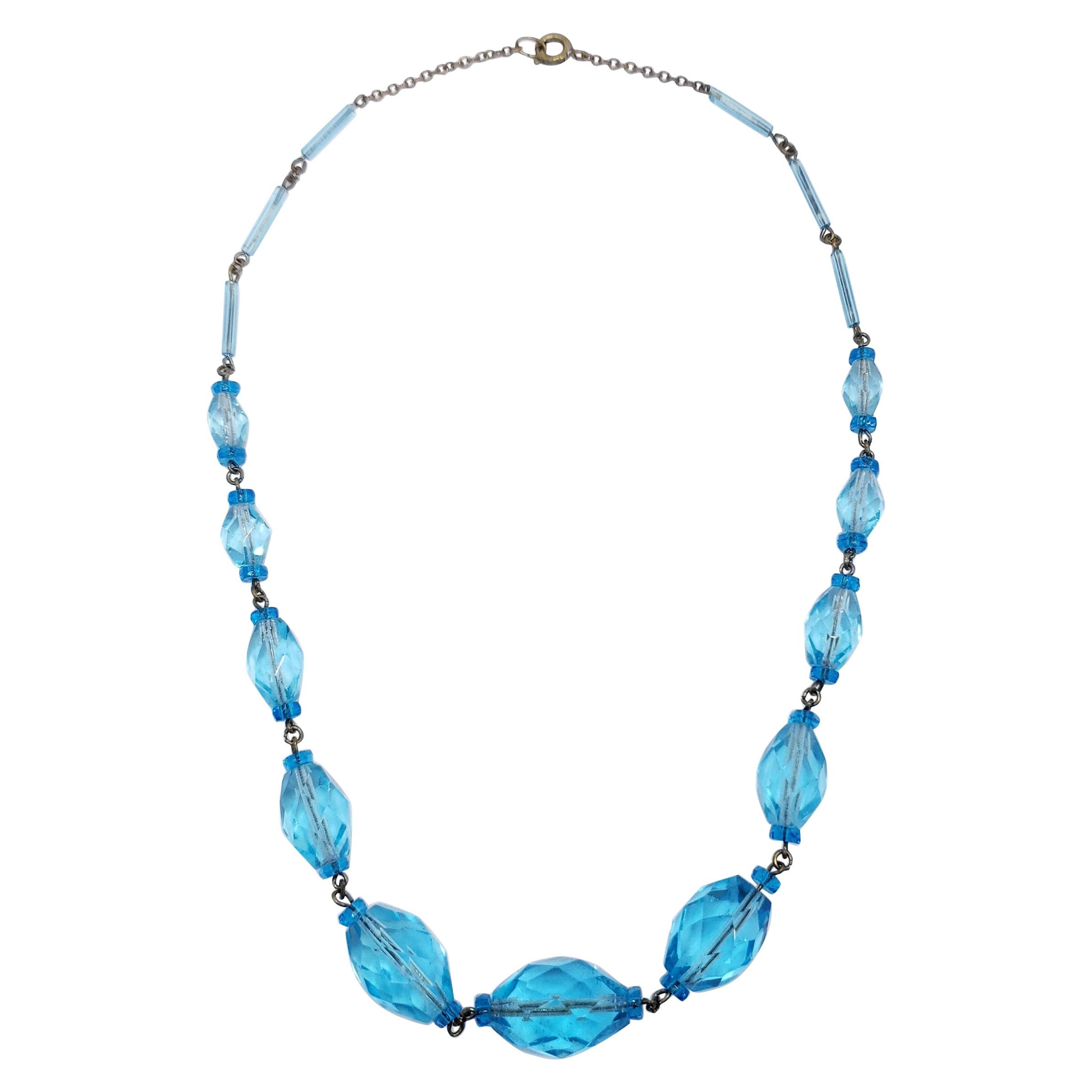 Vintage Graduated Crystal Chain Necklace, Mid 1900s, Aquamarine Blue Color