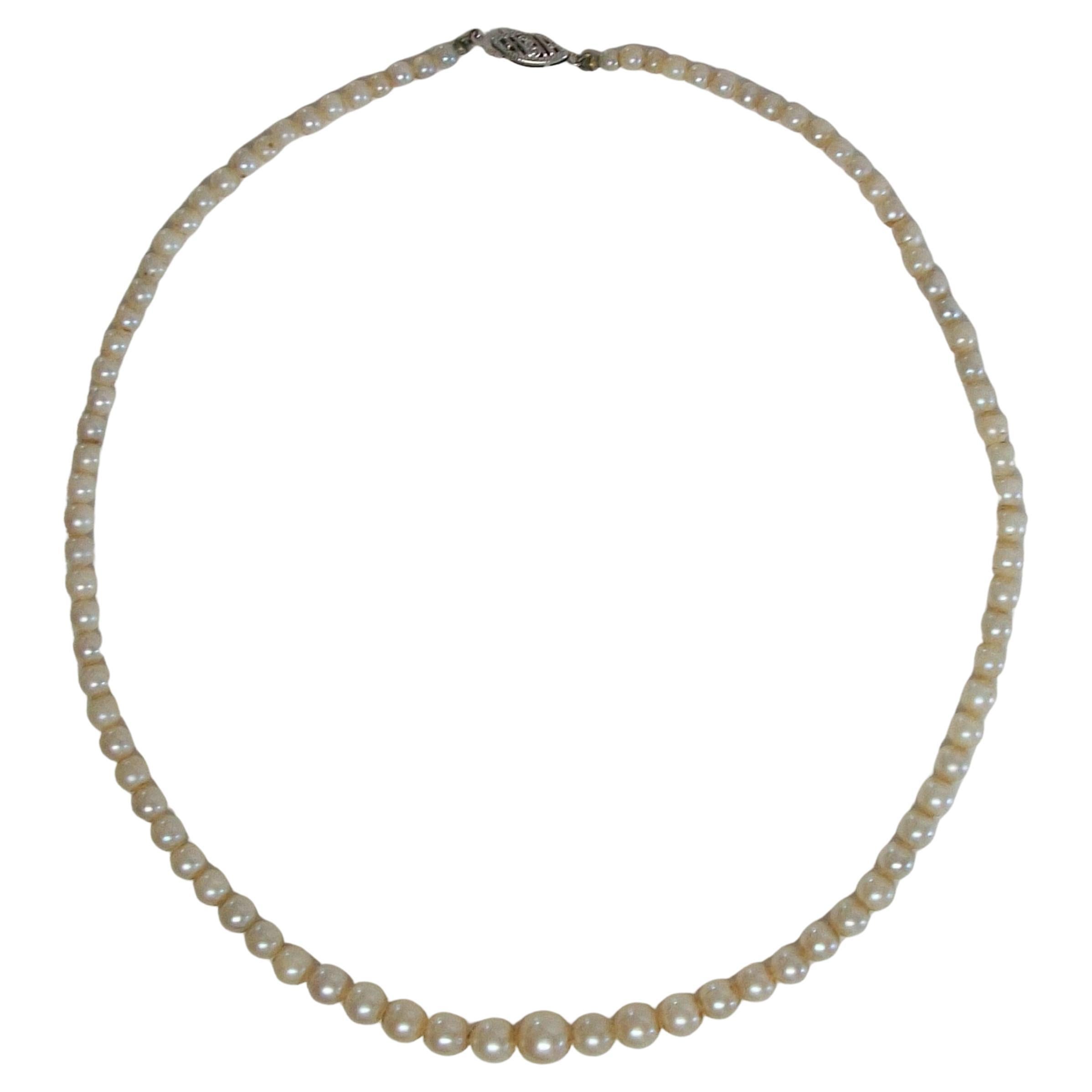 Vintage Graduated Cultured Pearl Choker Necklace - 10K White Gold Clasp - C.1950 For Sale