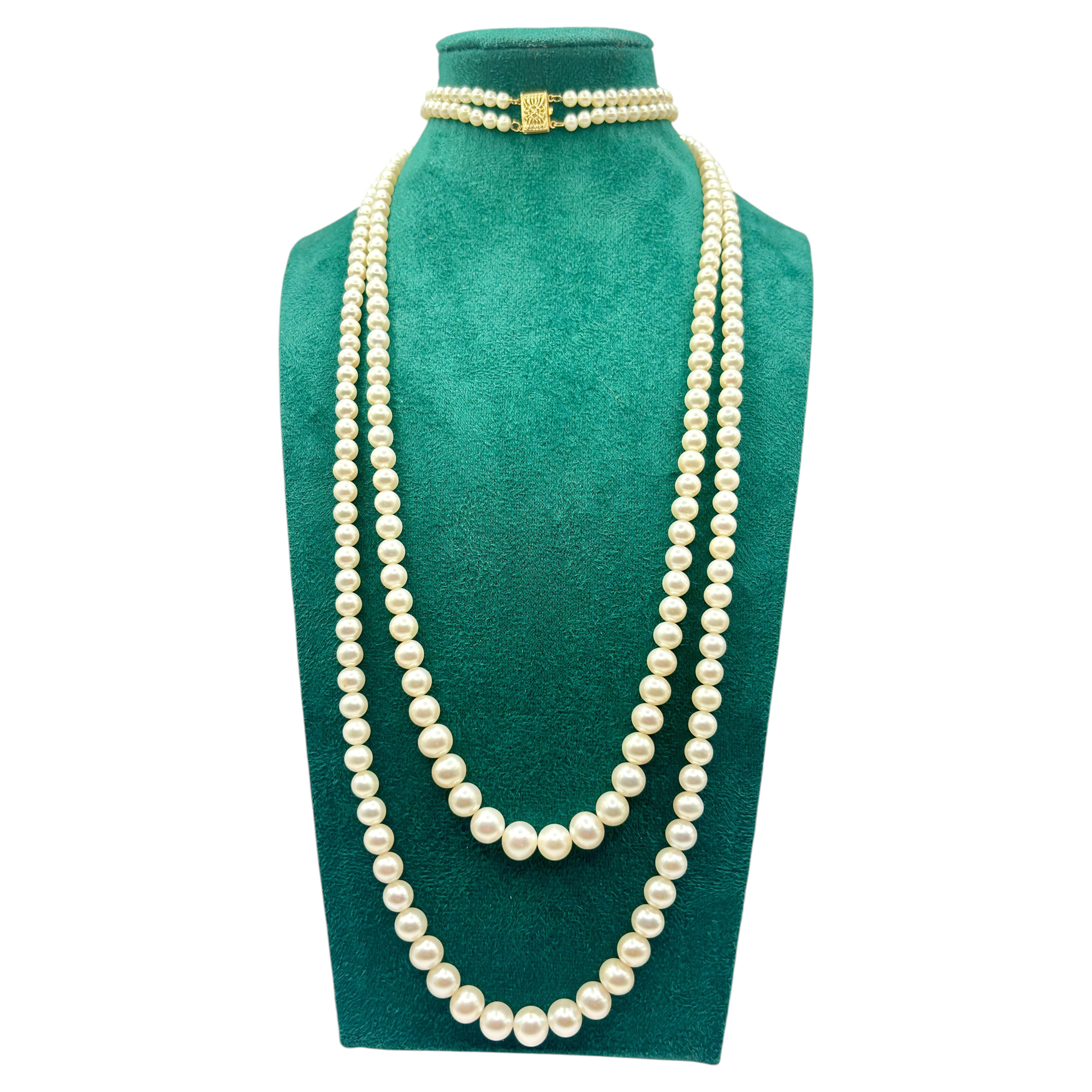 Collana doppia stile Opera vintage con perle coltivate di diverse dimensioni, in oro 14K